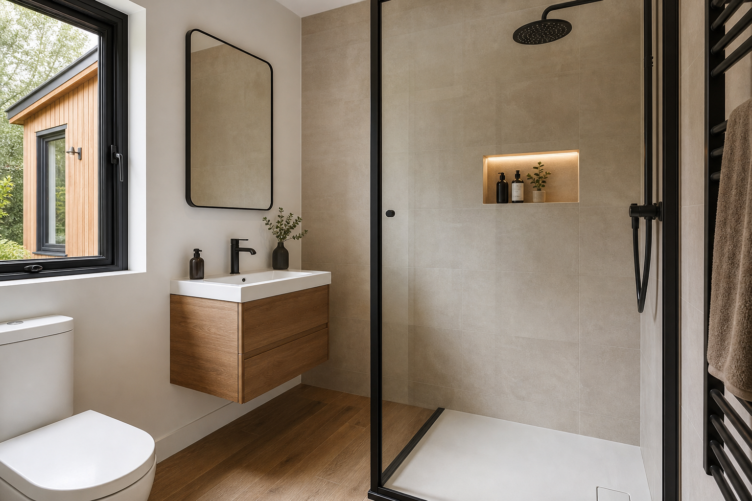 Garden annexe shower room with premium compact finishes