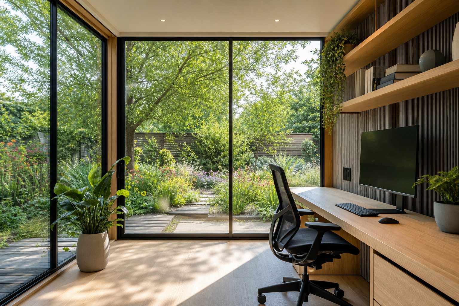 Garden office interior with built-in desk and garden views in Hertfordshire