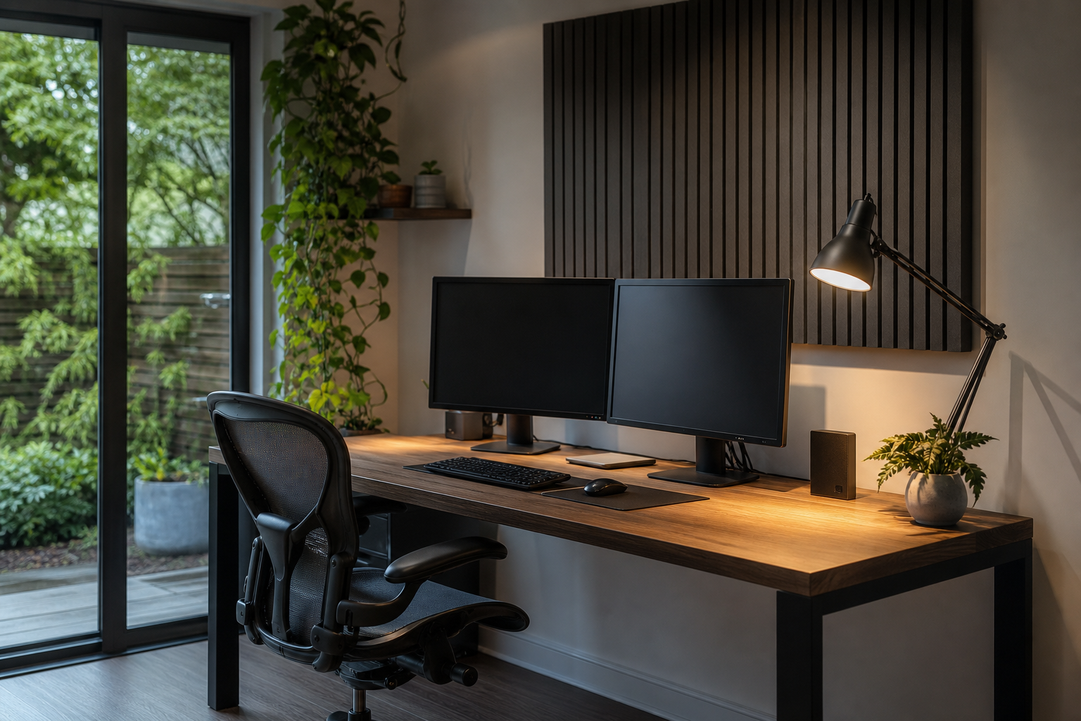 Professional garden office desk setup with task lighting and acoustic treatment