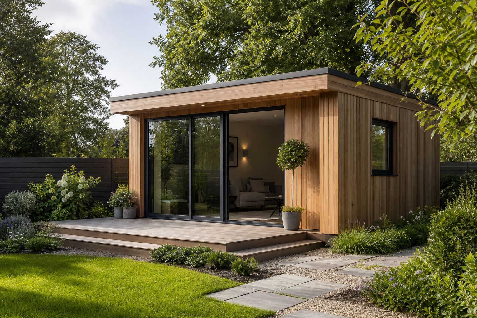 Bespoke garden room under construction in a Hertfordshire garden