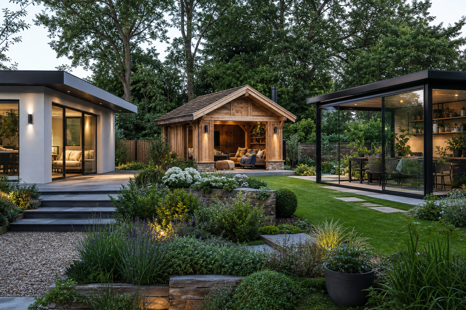 Garden room design concept sketch beside completed build in Hertfordshire