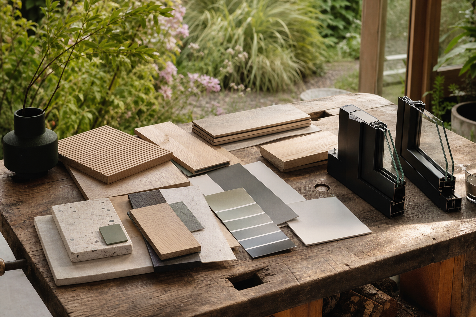 Garden room design materials and finish samples laid out for creative direction