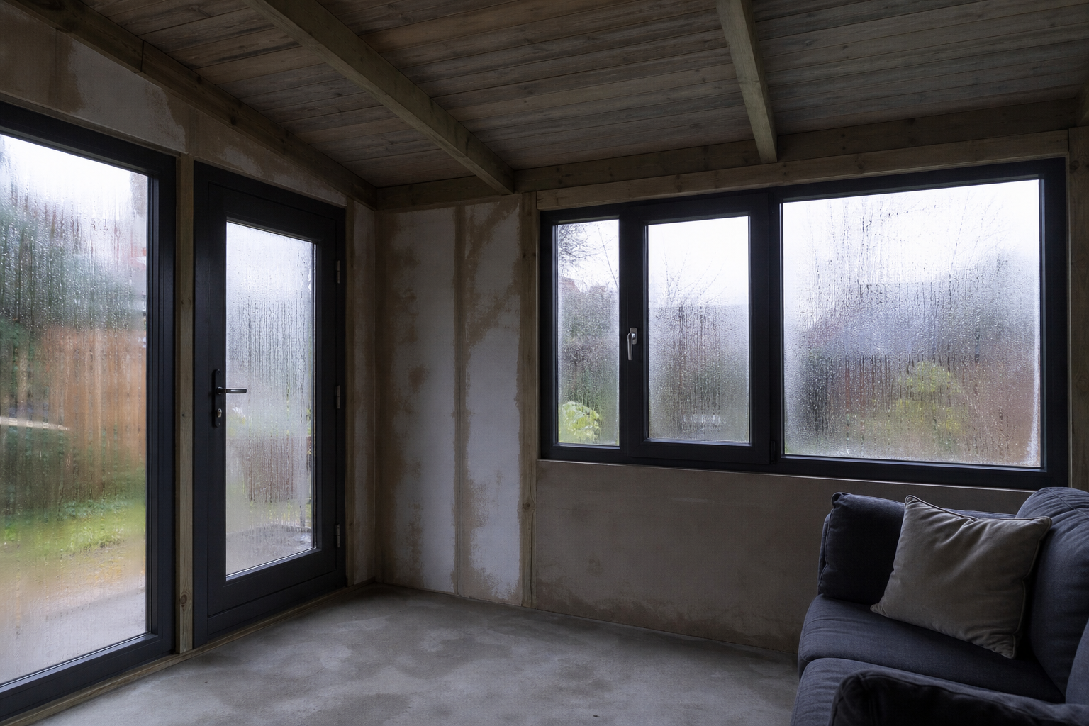 Under-insulated garden room showing condensation — a common specification mistake