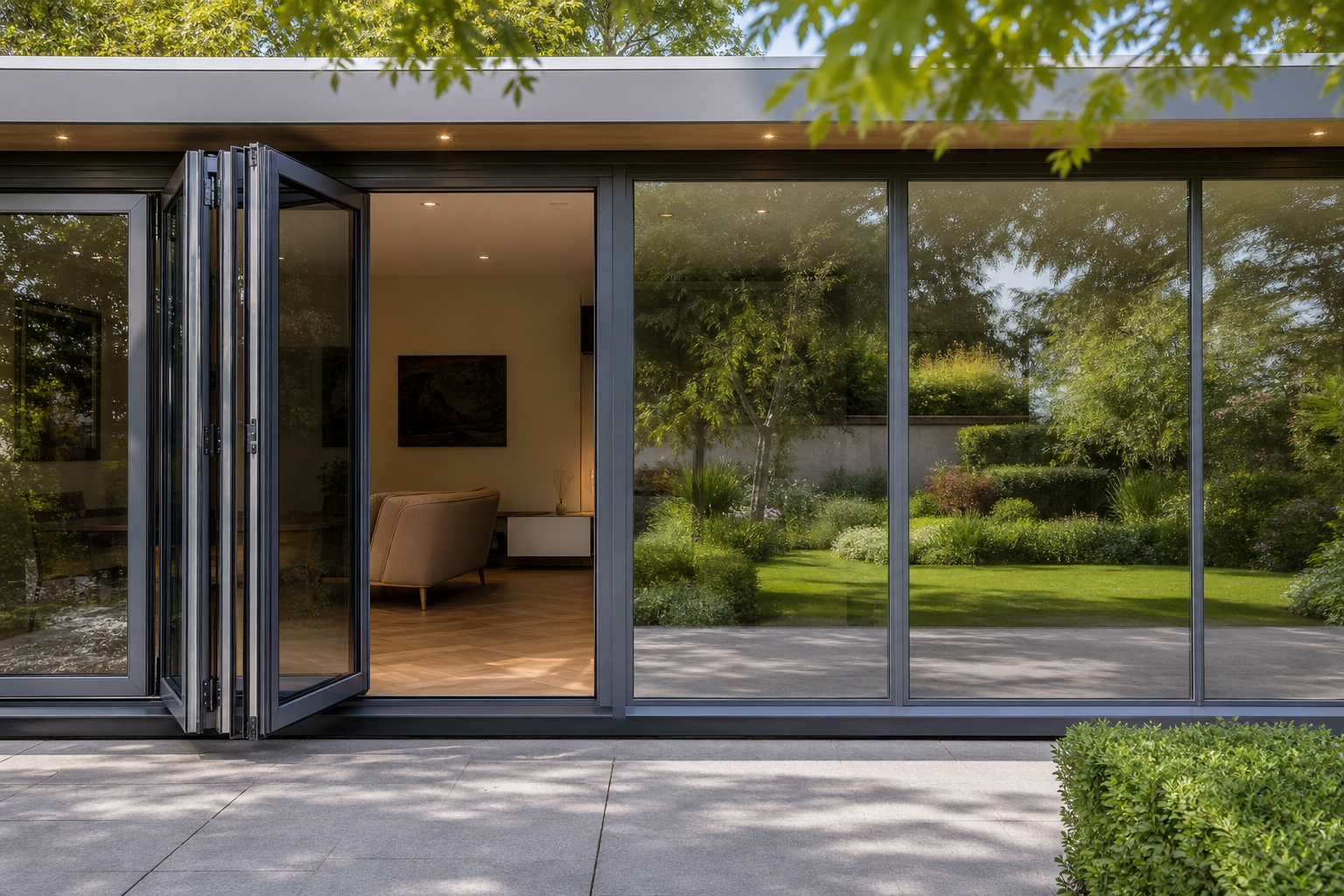 Garden room with floor-to-ceiling glazing and bi-fold doors in Hertfordshire