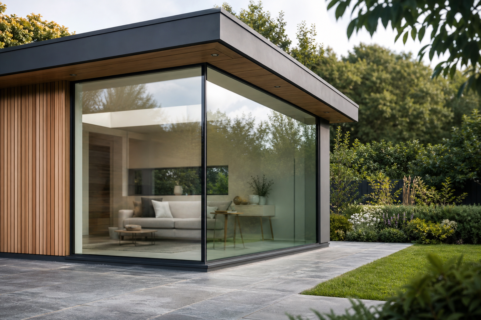 Slim-profile corner glazing maximising glass area on a garden room