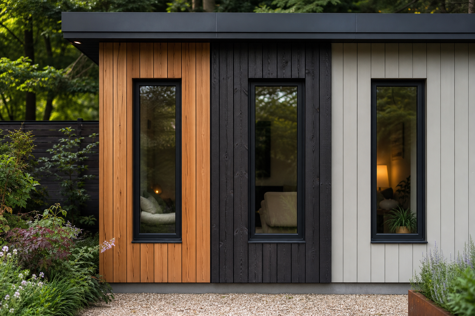 Garden room with mixed timber cladding finishes in a Hertfordshire garden