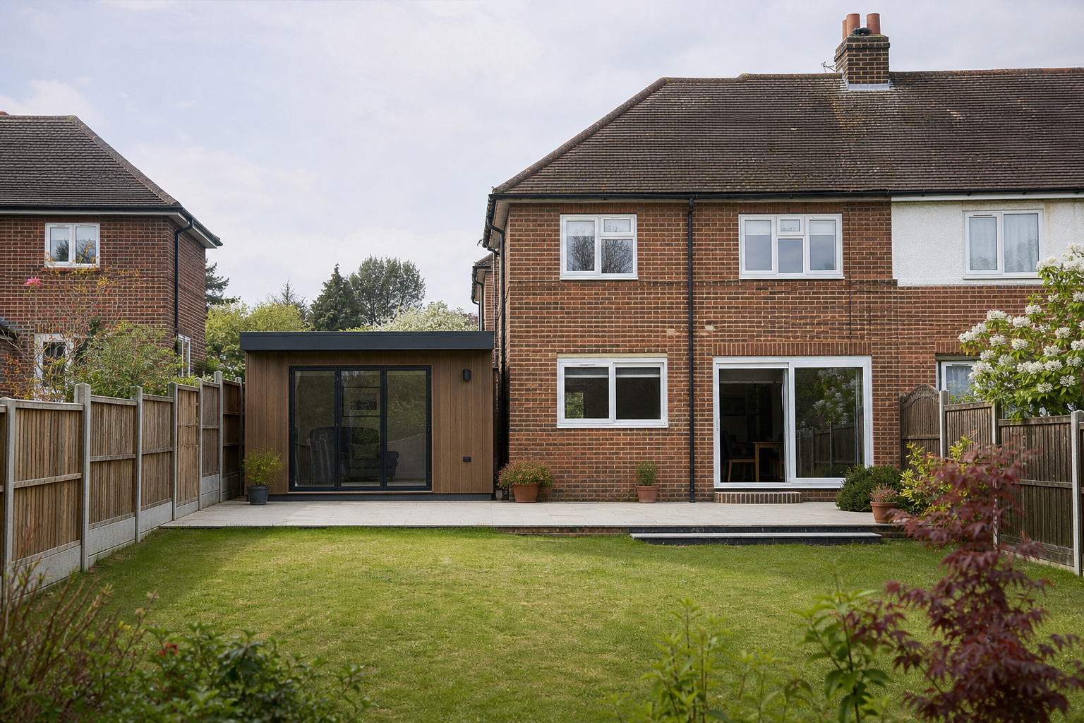 Garden room positioned within permitted development limits in Hertfordshire