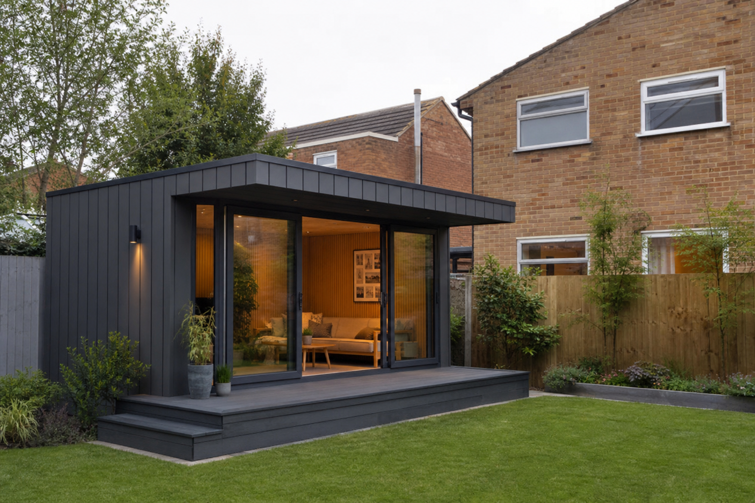 Garden room built within permitted development height limits in a Hertfordshire garden