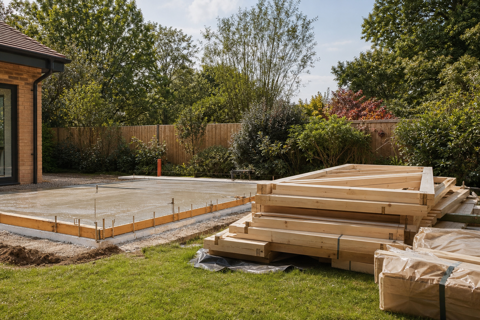 Garden room foundation stage with timber frame kit ready for assembly