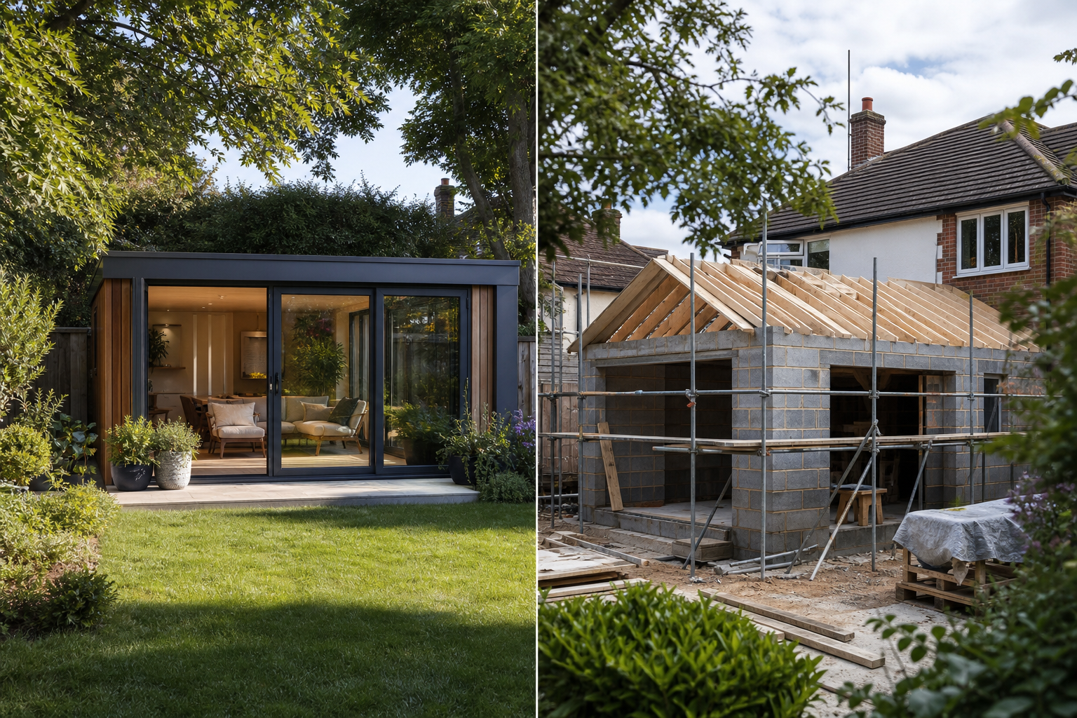 Garden room beside a Hertfordshire period property compared to a rear extension