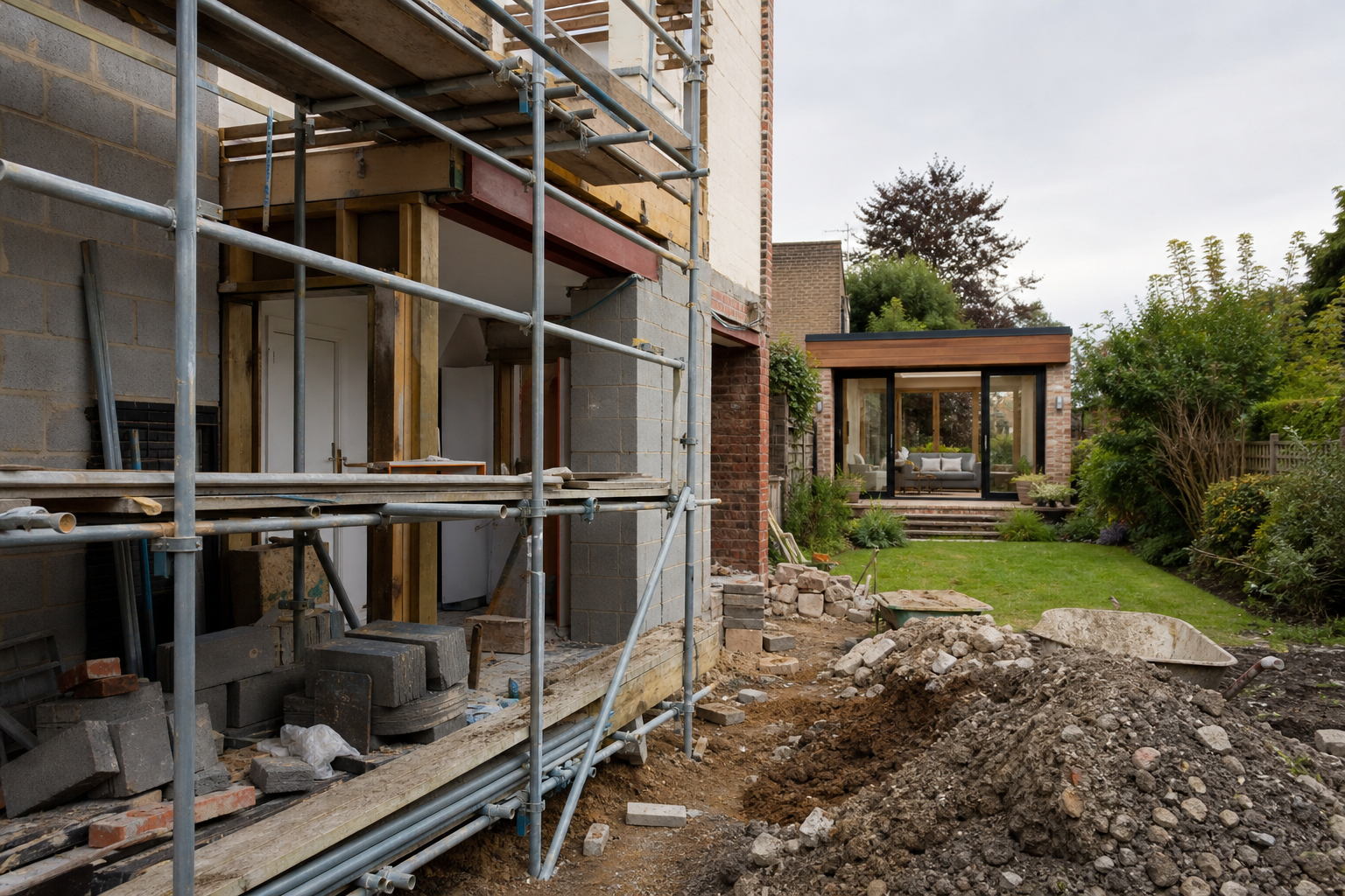 Comparing garden room construction with a house extension in the same setting