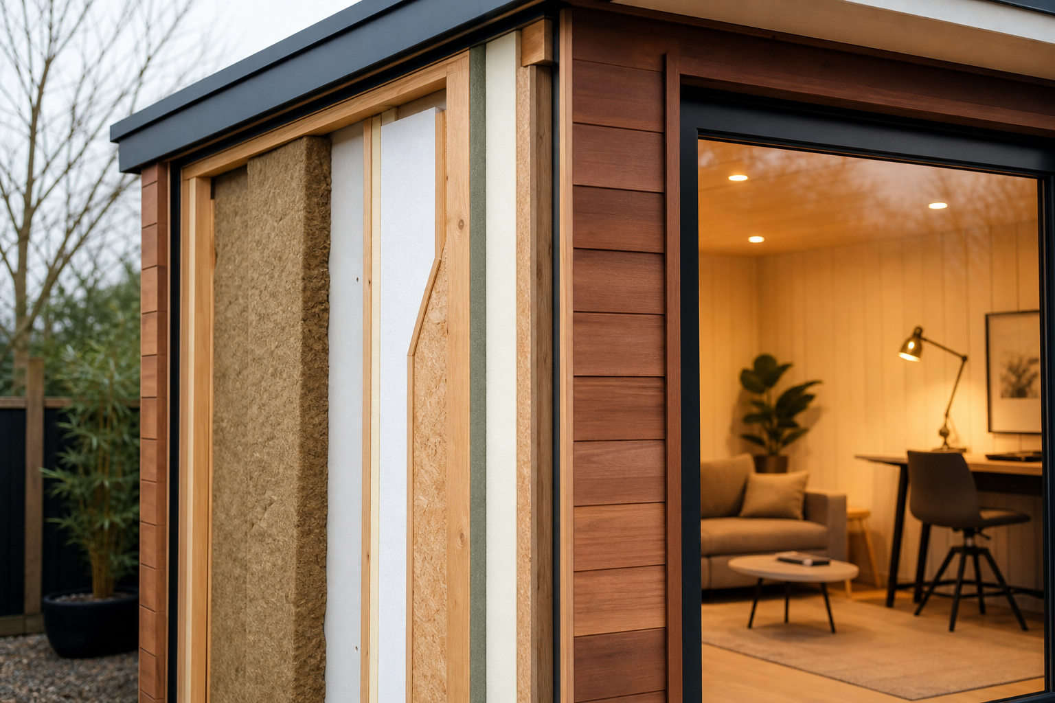 Cross-section of insulated garden room wall construction in Hertfordshire
