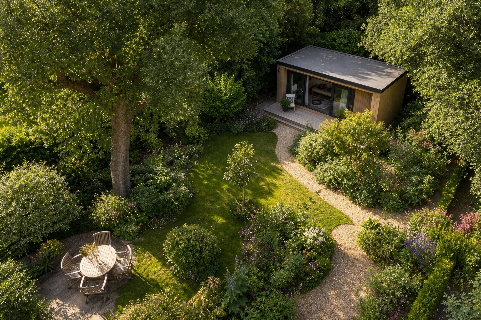 Garden room positioned on a Hertfordshire plot considering orientation and access