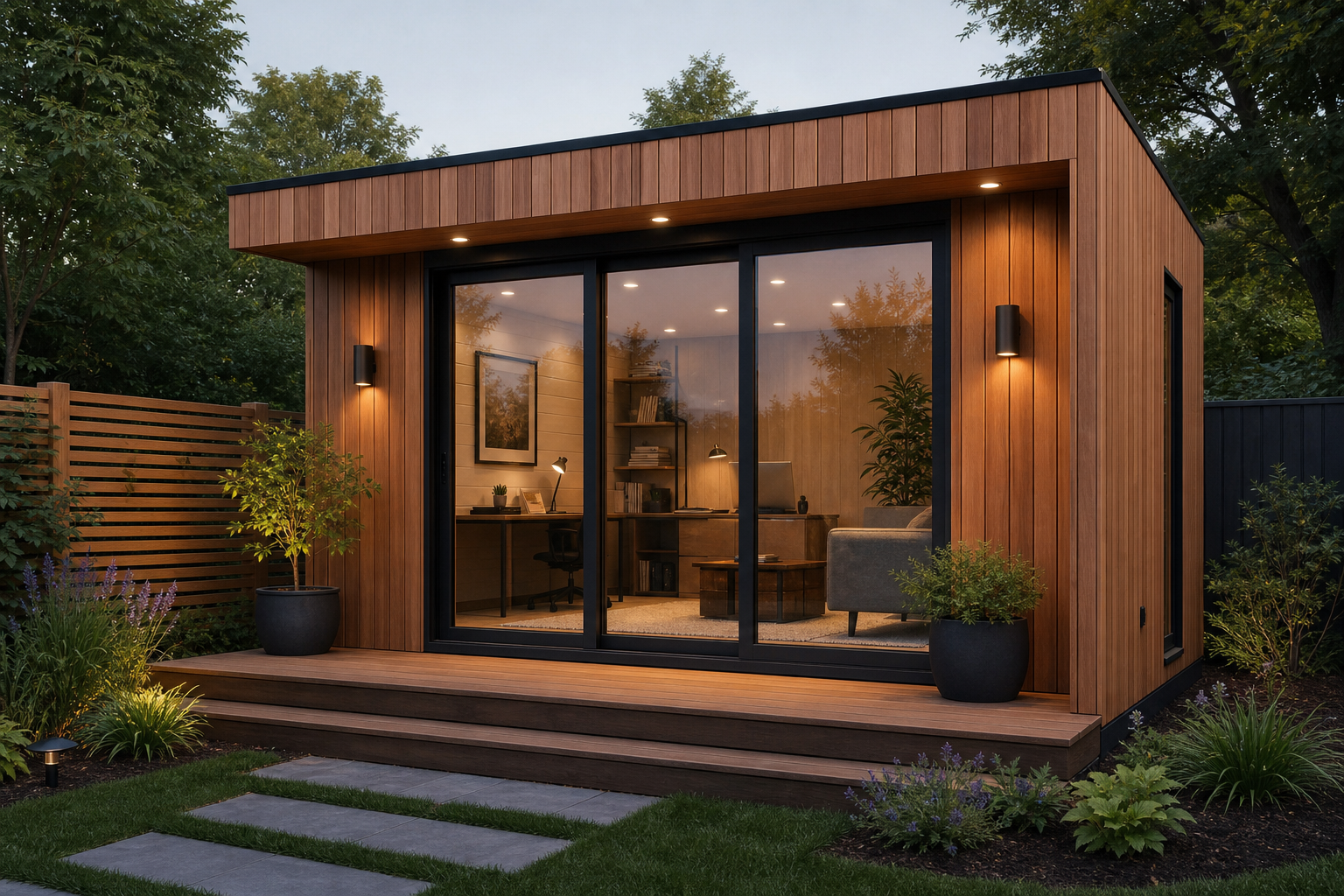 Contemporary cedar-clad garden room with floor-to-ceiling glazing in a Hertfordshire garden