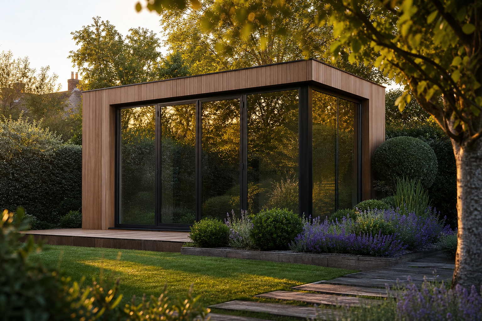Contemporary garden room with timber cladding and glazing by Hertfordshire Garden Rooms
