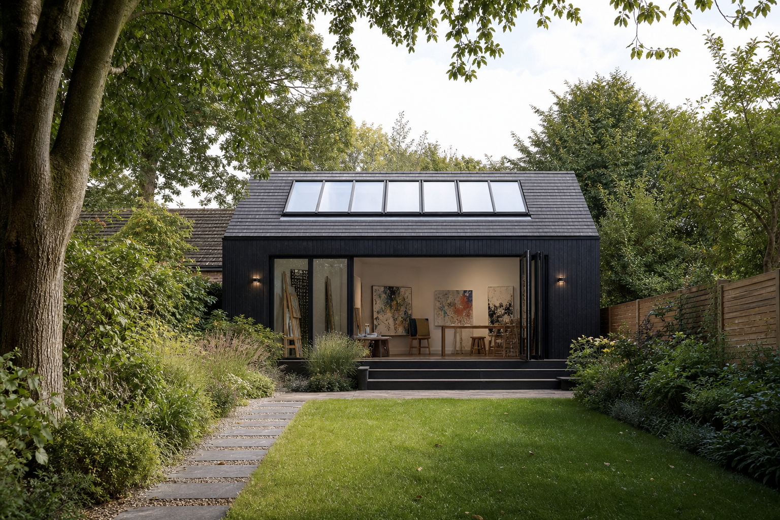 Black-stained timber art studio with north-facing roof lights