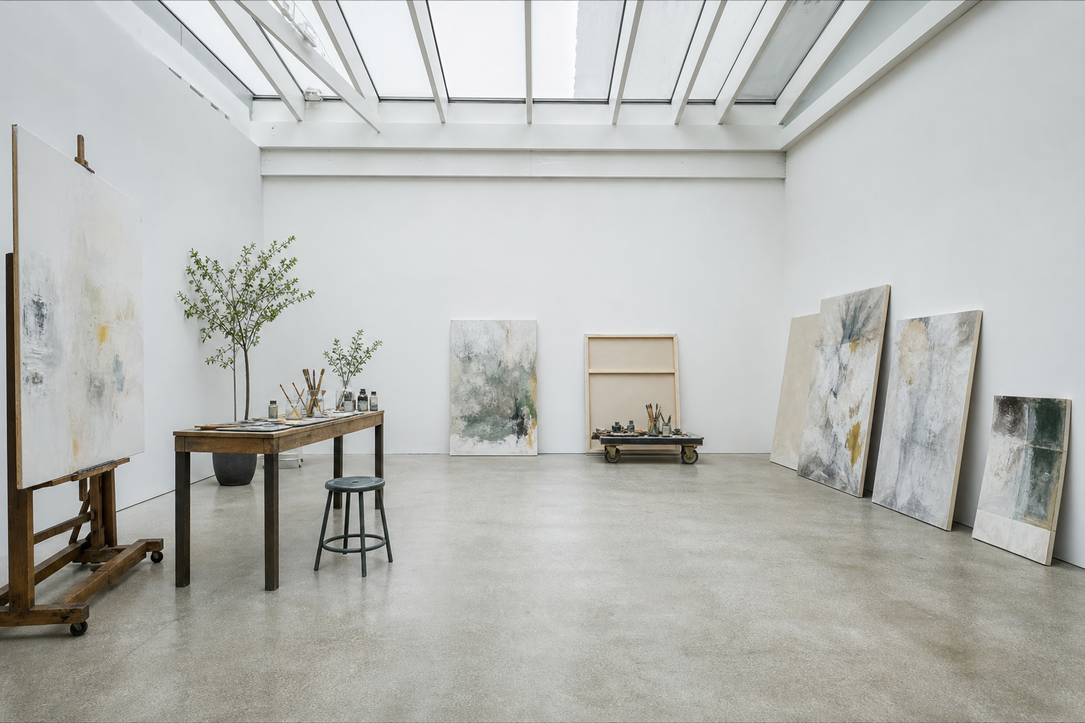 Interior detail of north-facing roof lights and white gallery walls