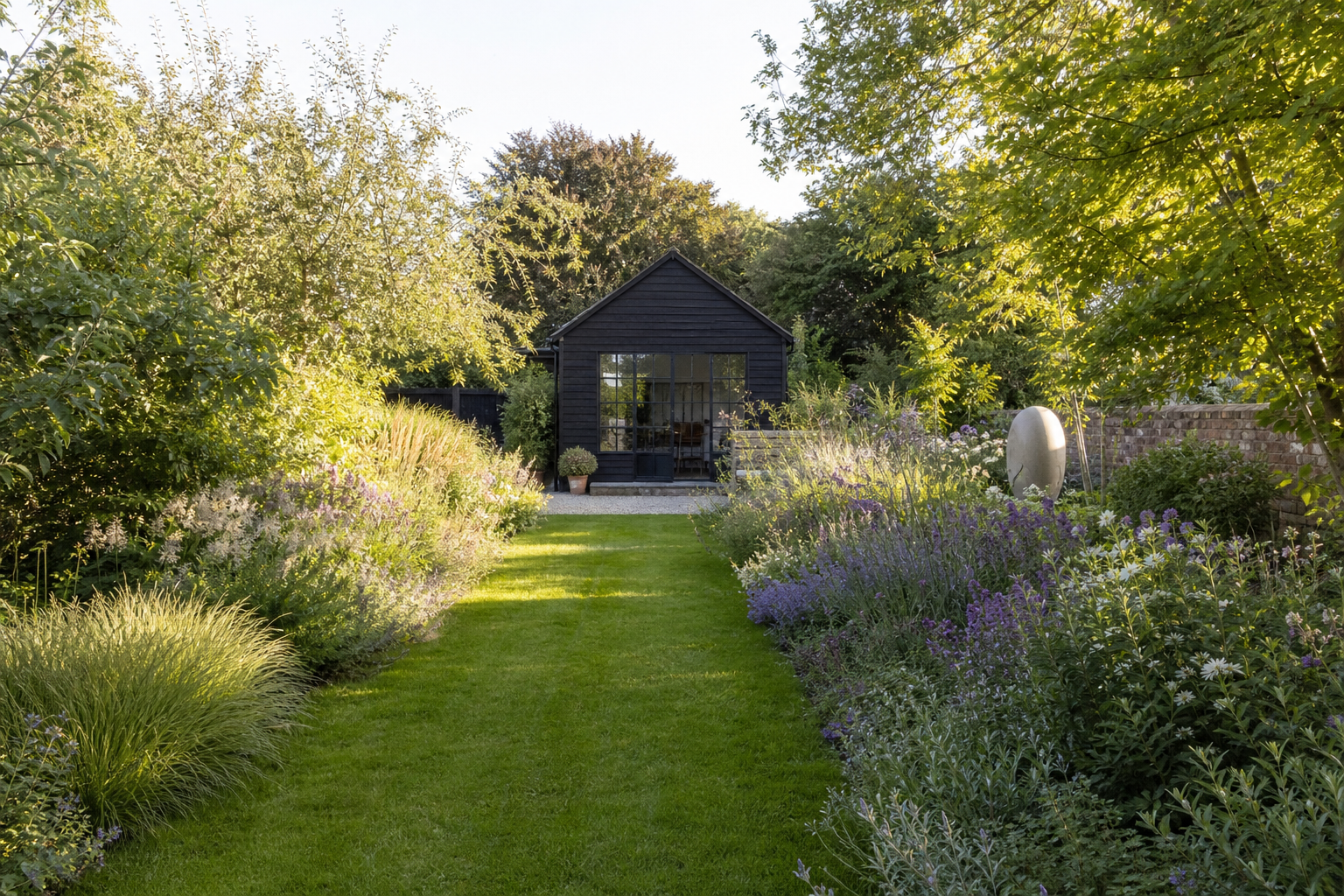 Wide garden perspective toward the art studio