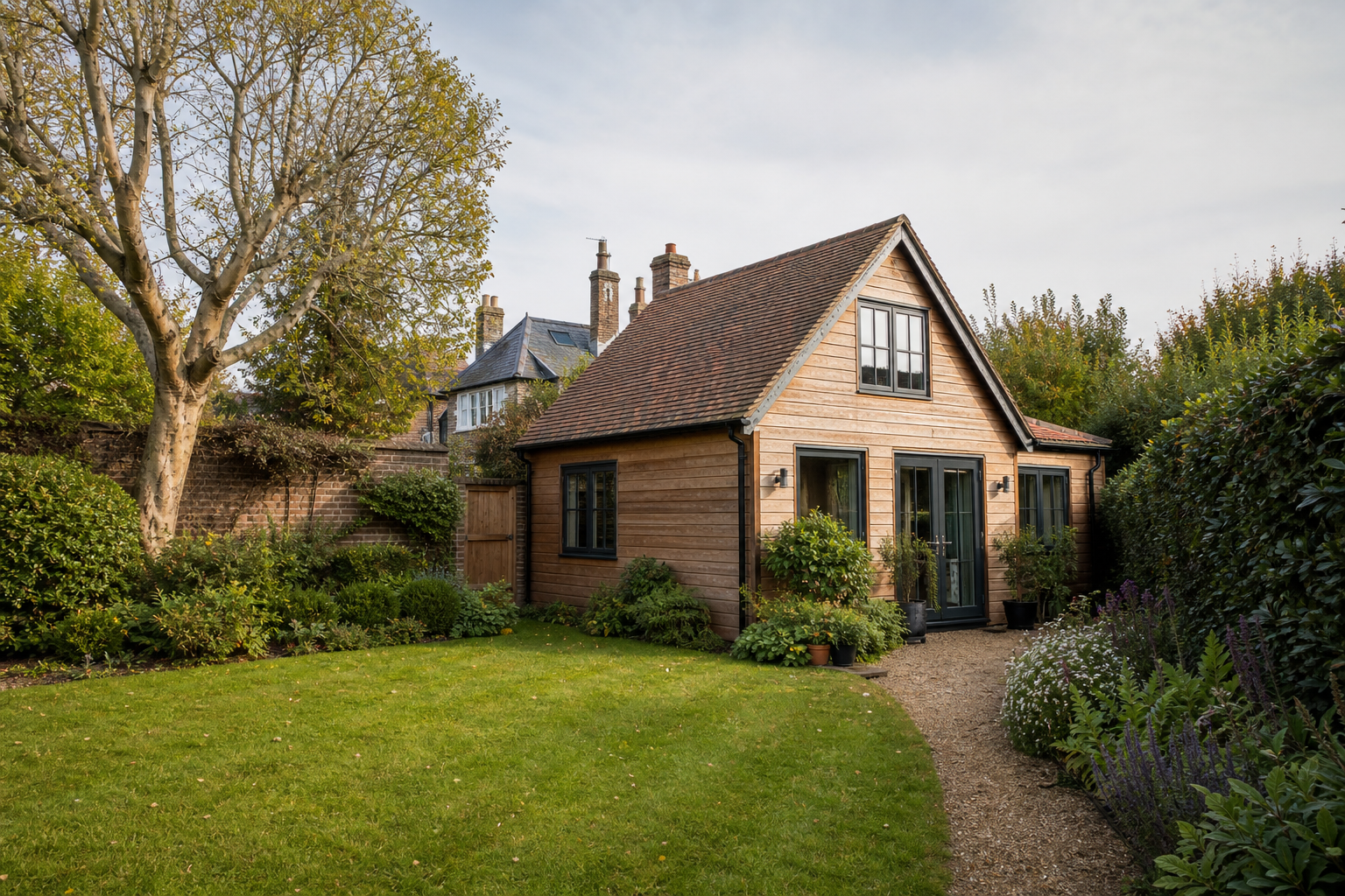 Cedar-clad garden annexe with pitched roof in Bishop's Stortford
