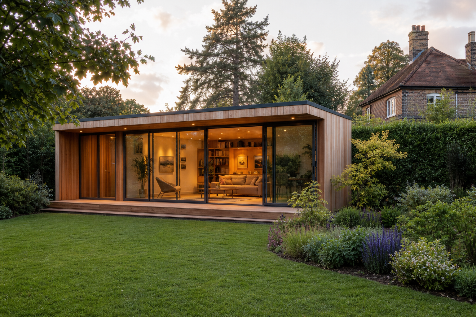 Cedar-clad garden studio with warm interior light in Harpenden