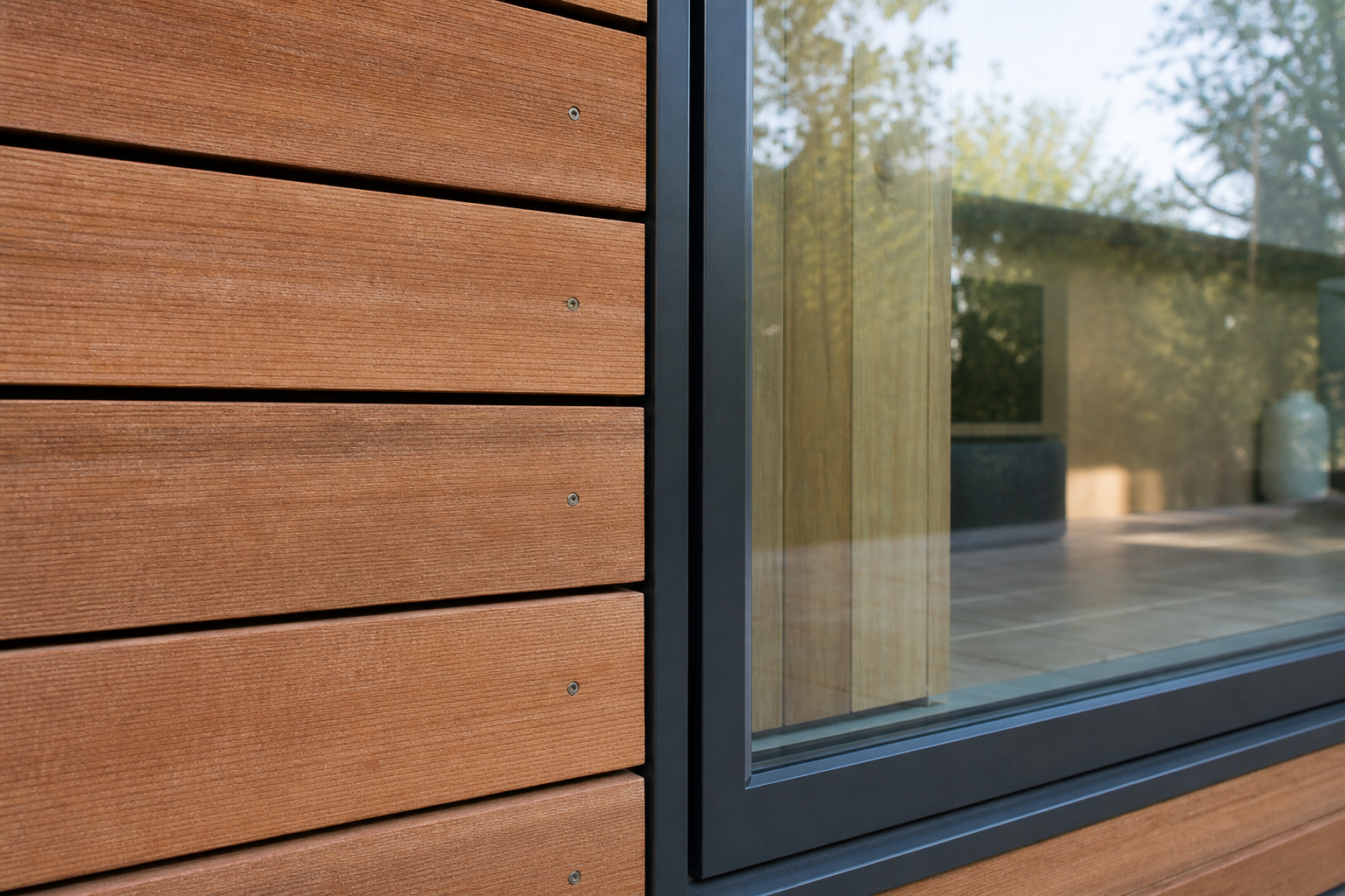 Close detail of western red cedar cladding and aluminium frame
