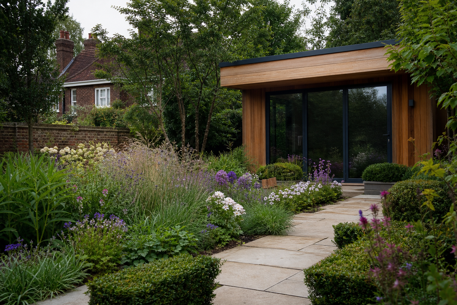 Wide garden perspective showing the cedar studio and planting