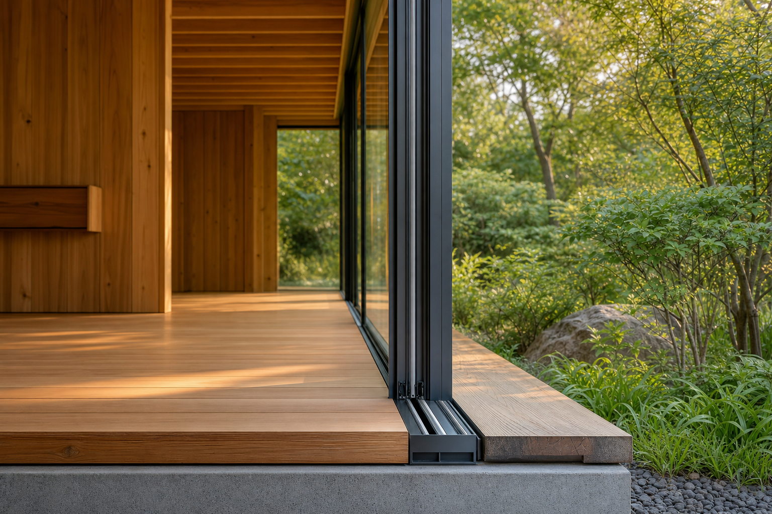 Full-width glazing detail with garden views beyond