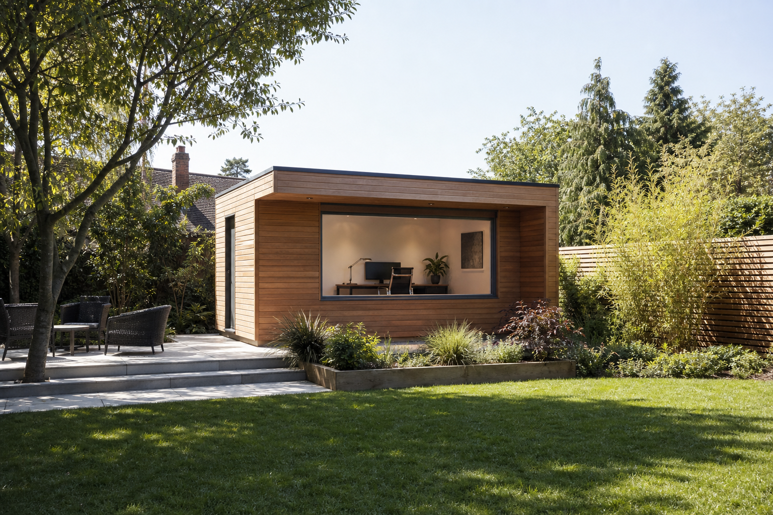Larch-clad garden office with large desk window in Hatfield
