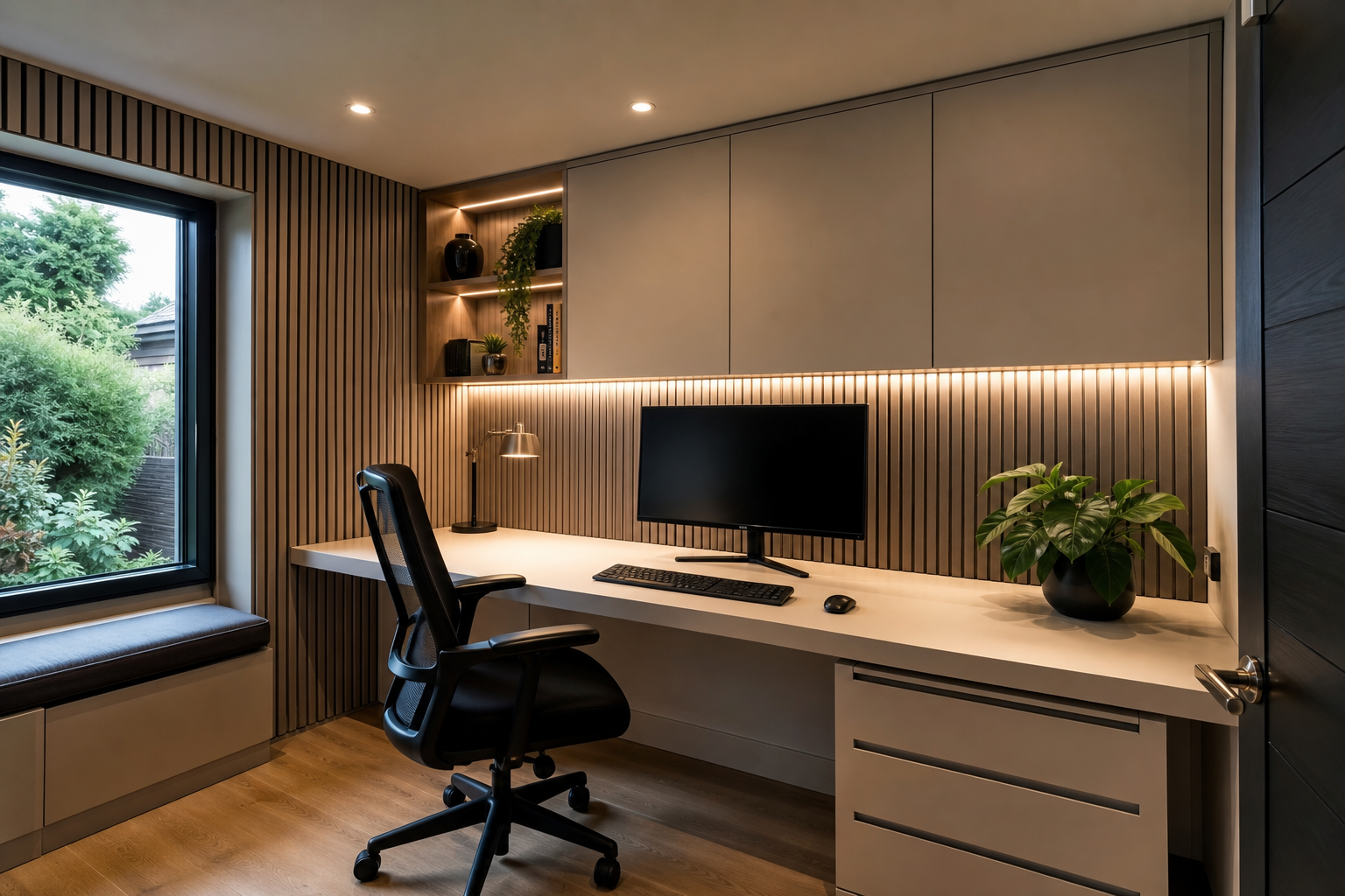 Interior detail of built-in desk and acoustic wall panels