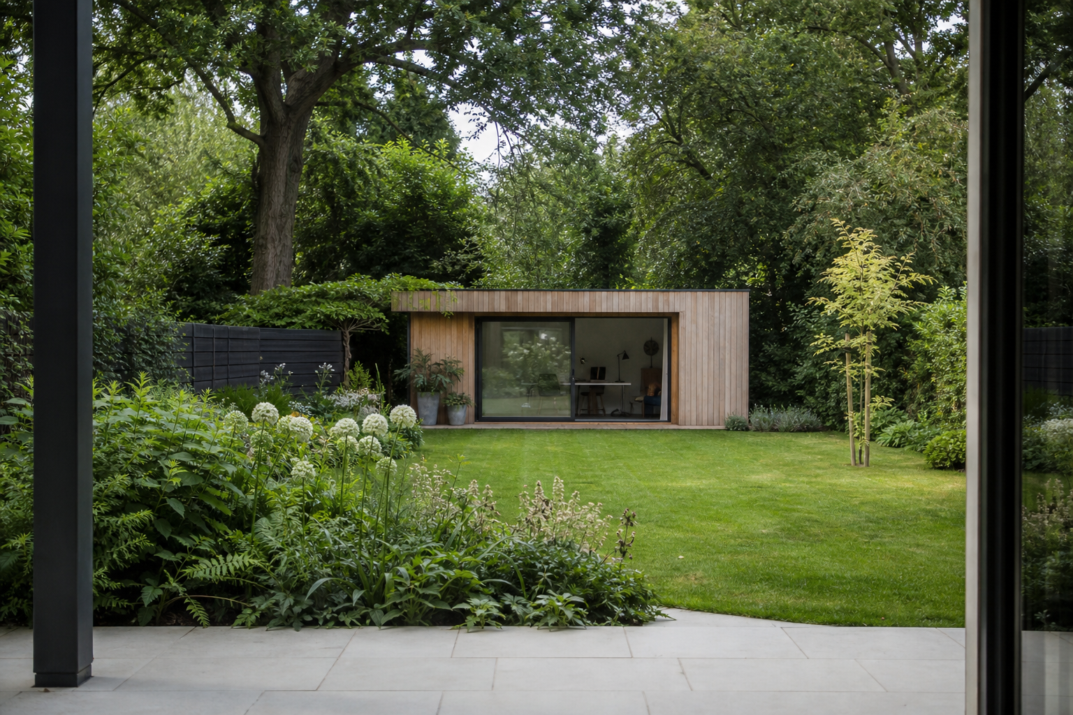 Opposite view of the garden office from the patio