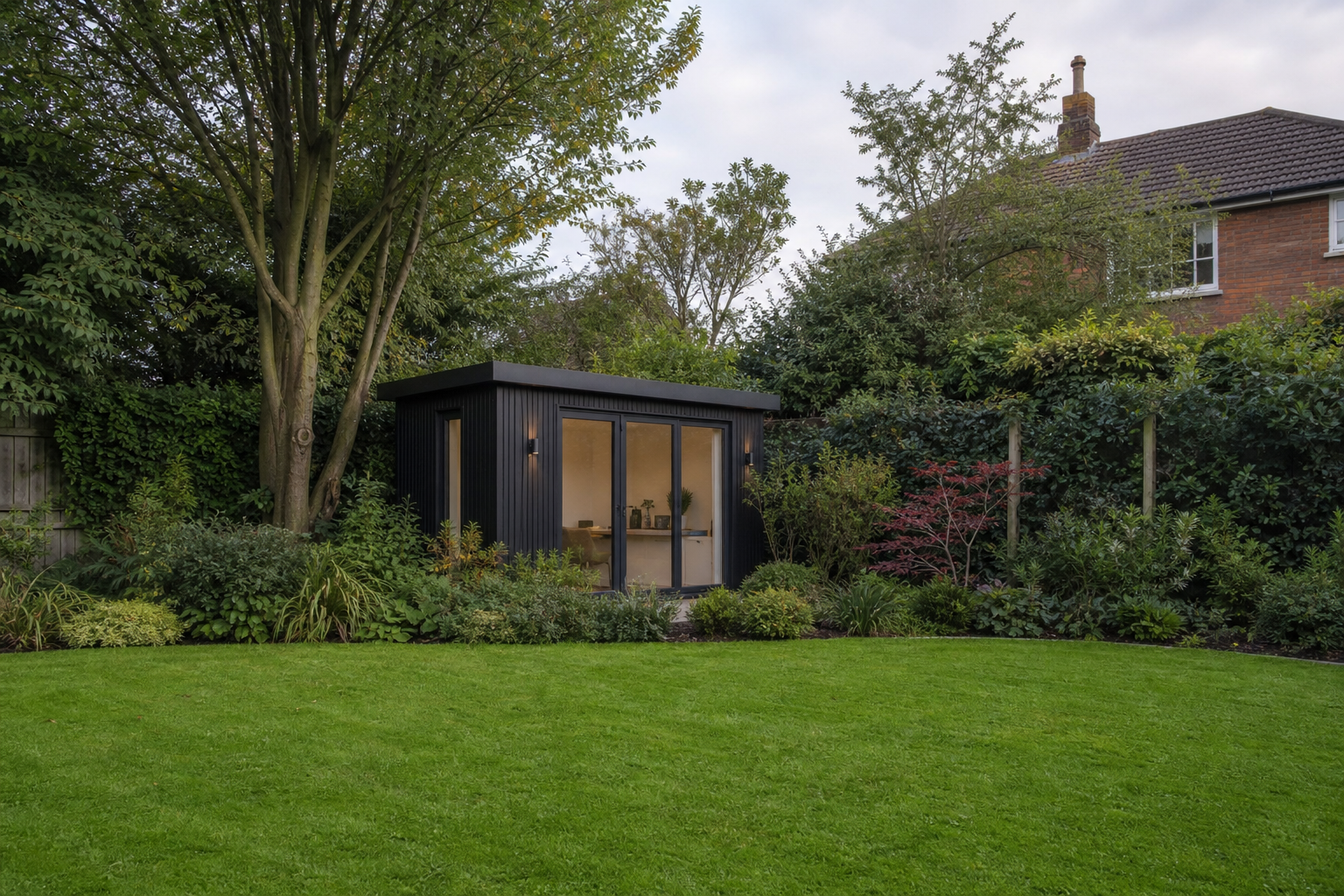 Wide garden perspective showing the office at the plot boundary