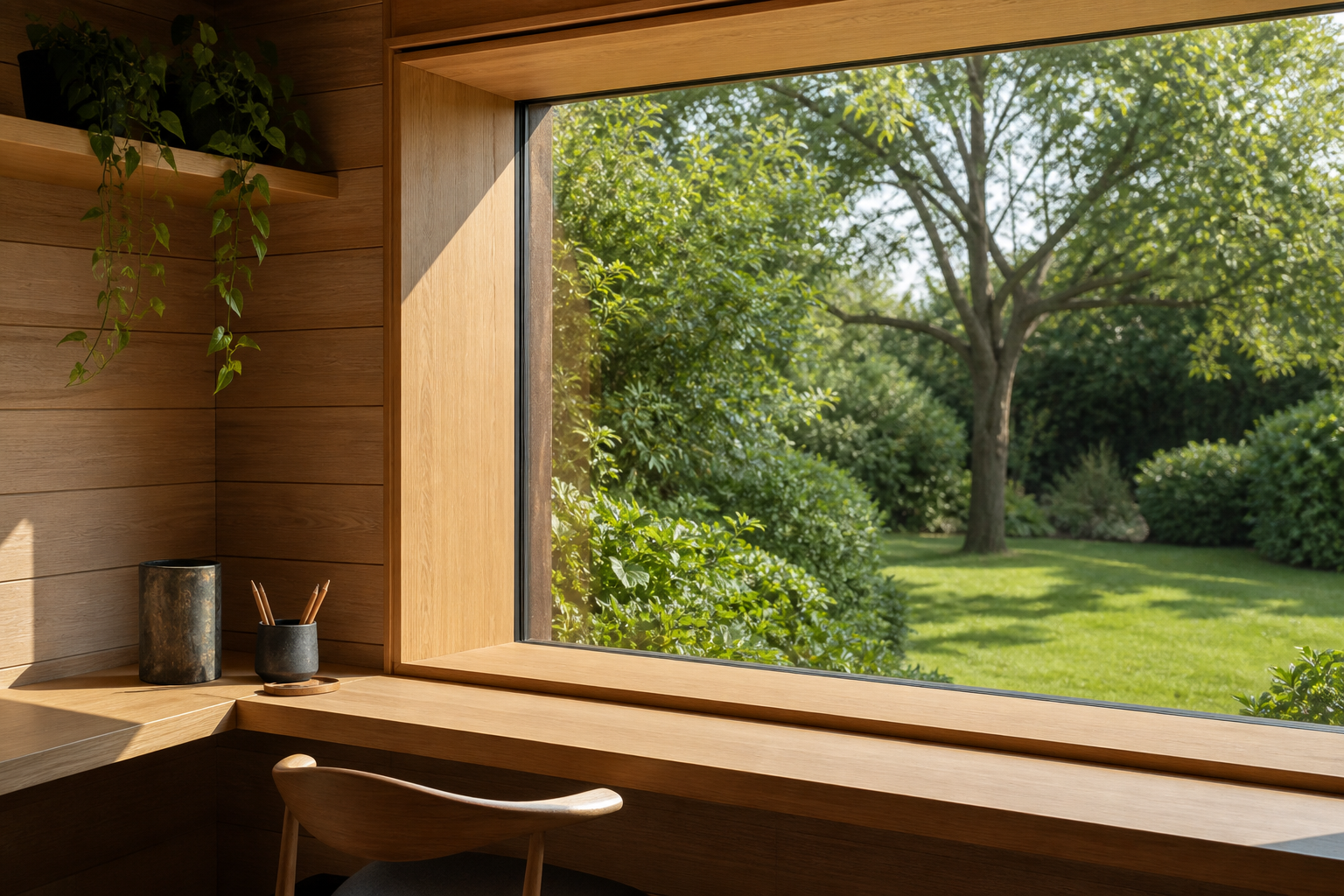 Large desk window detail with garden views