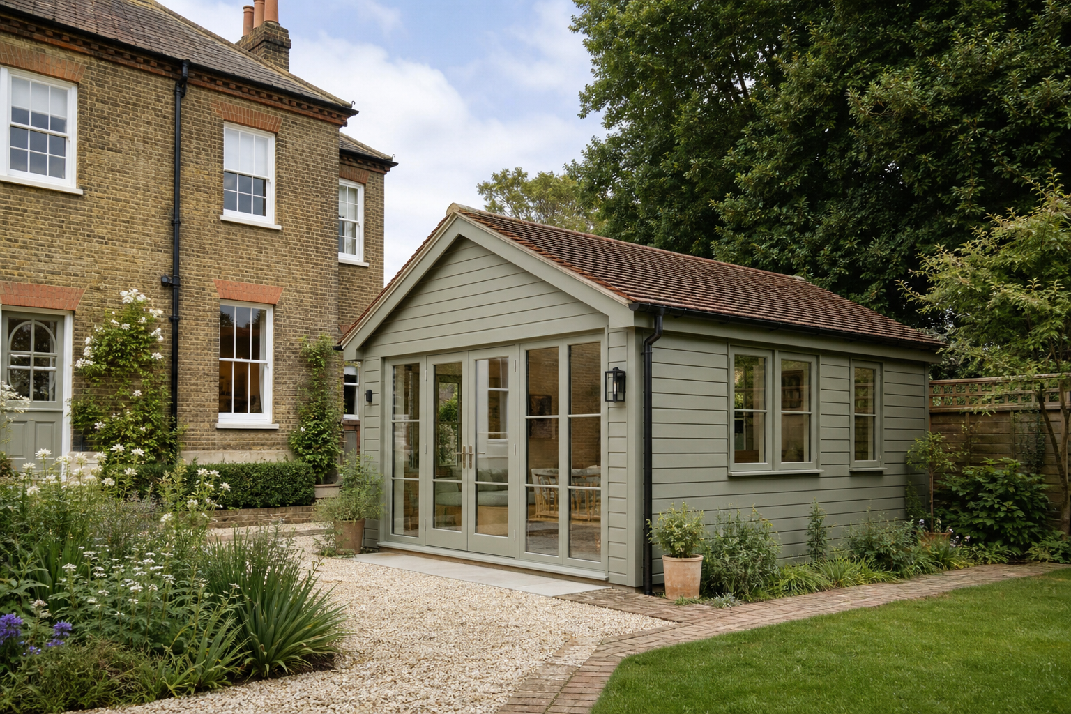 Painted timber garden annexe with pitched roof in Hertford