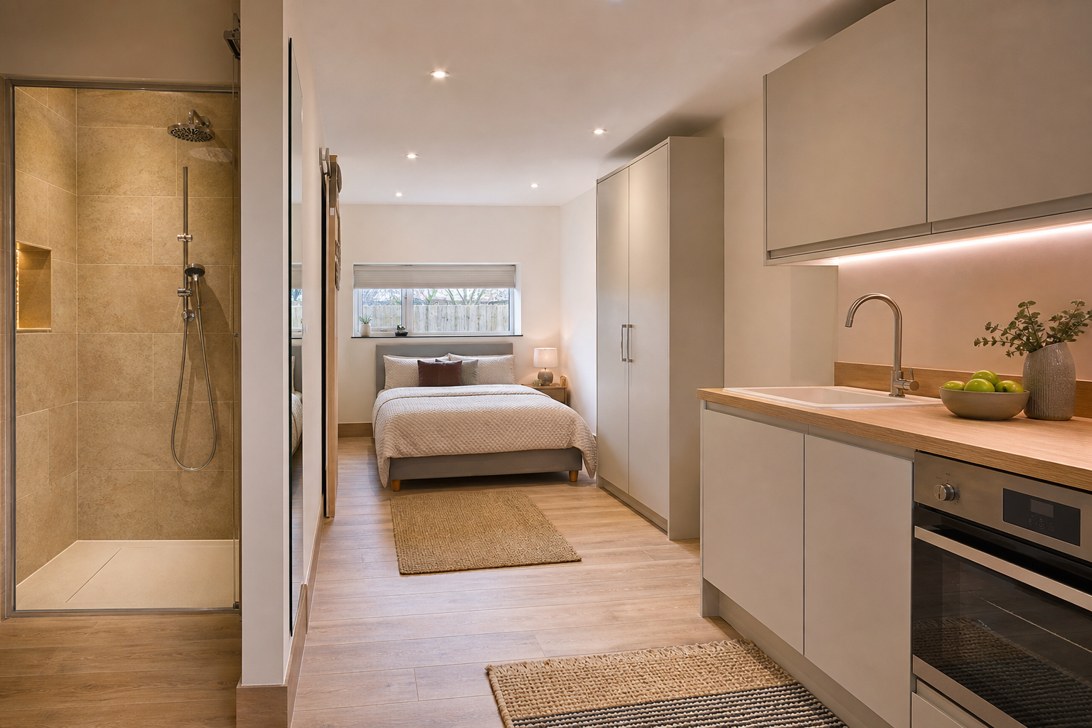 Interior detail of the annexe kitchenette and living zone