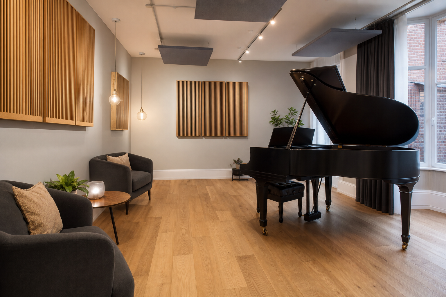 Interior detail of acoustic wall panels and piano teaching area
