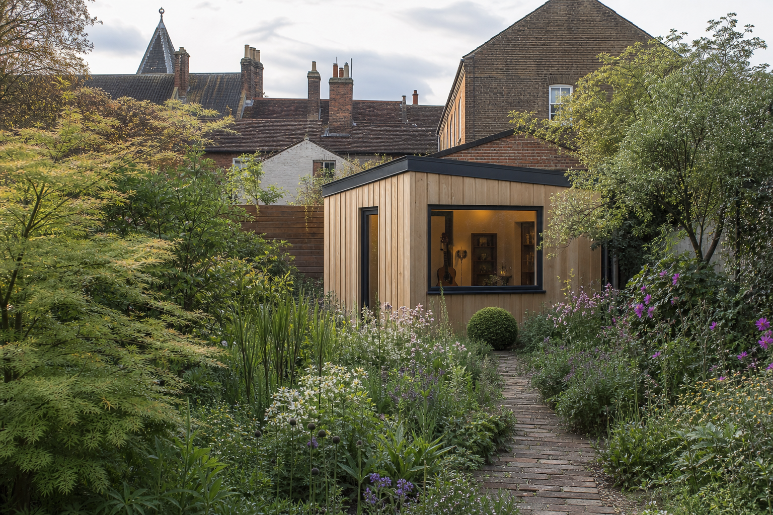 Wide garden view toward the music teaching studio