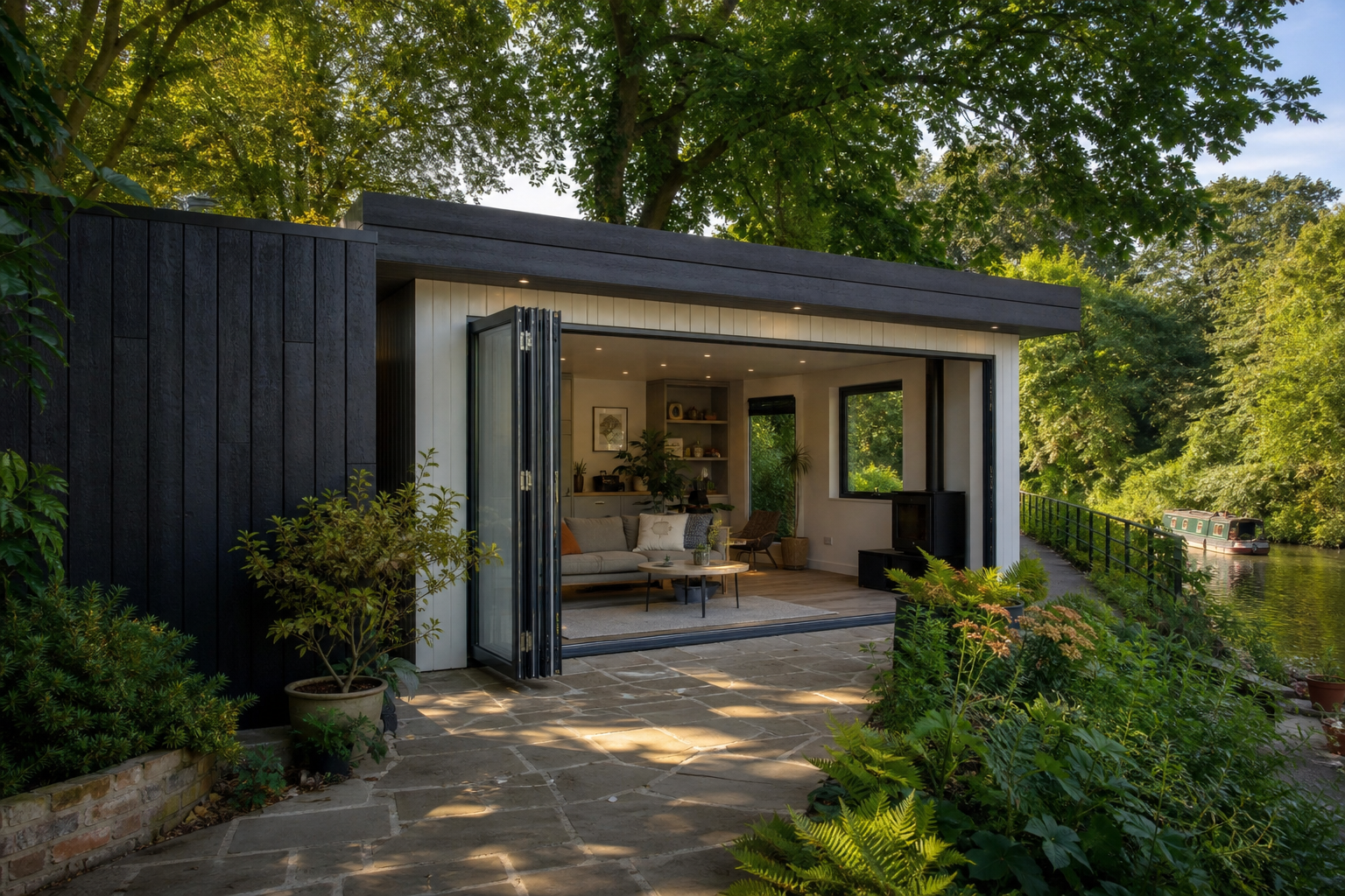 Bespoke garden room with bi-fold doors opening to a stone terrace