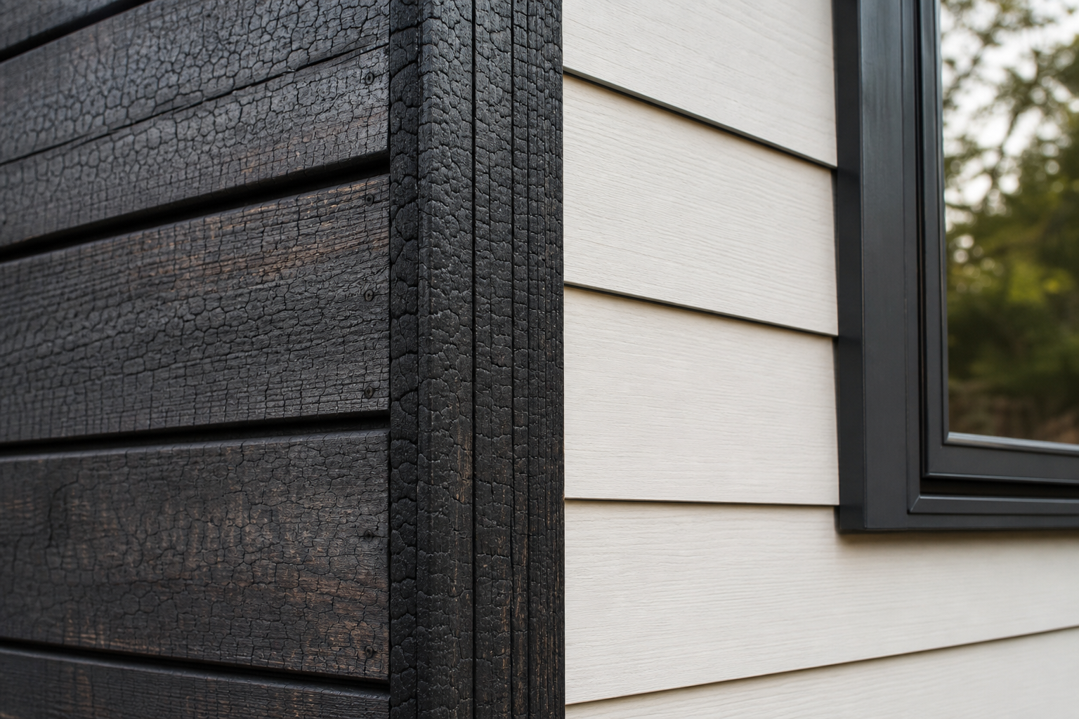 Detail of mixed charred timber and painted cladding