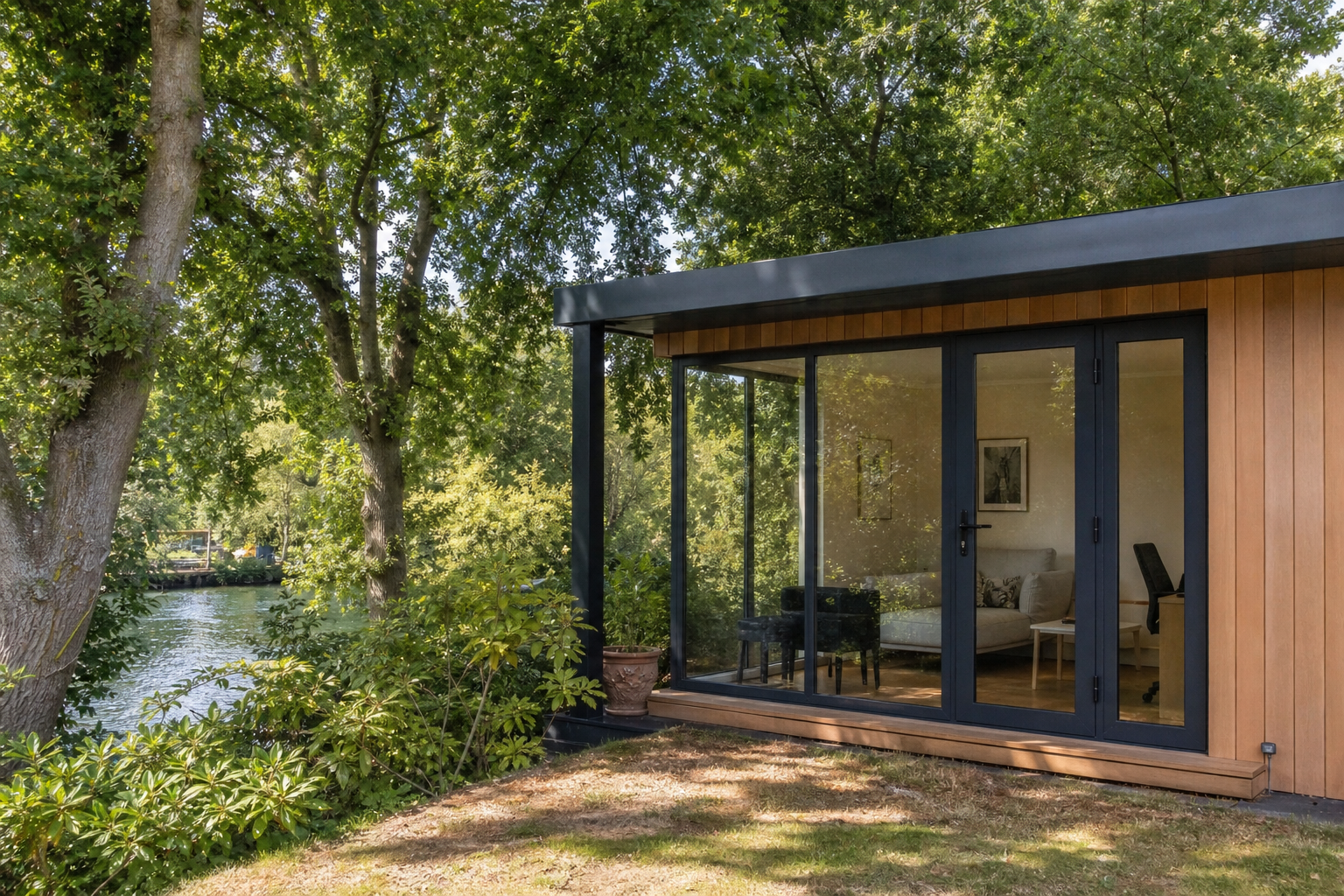 Wide view of the garden room beside mature canal-side trees