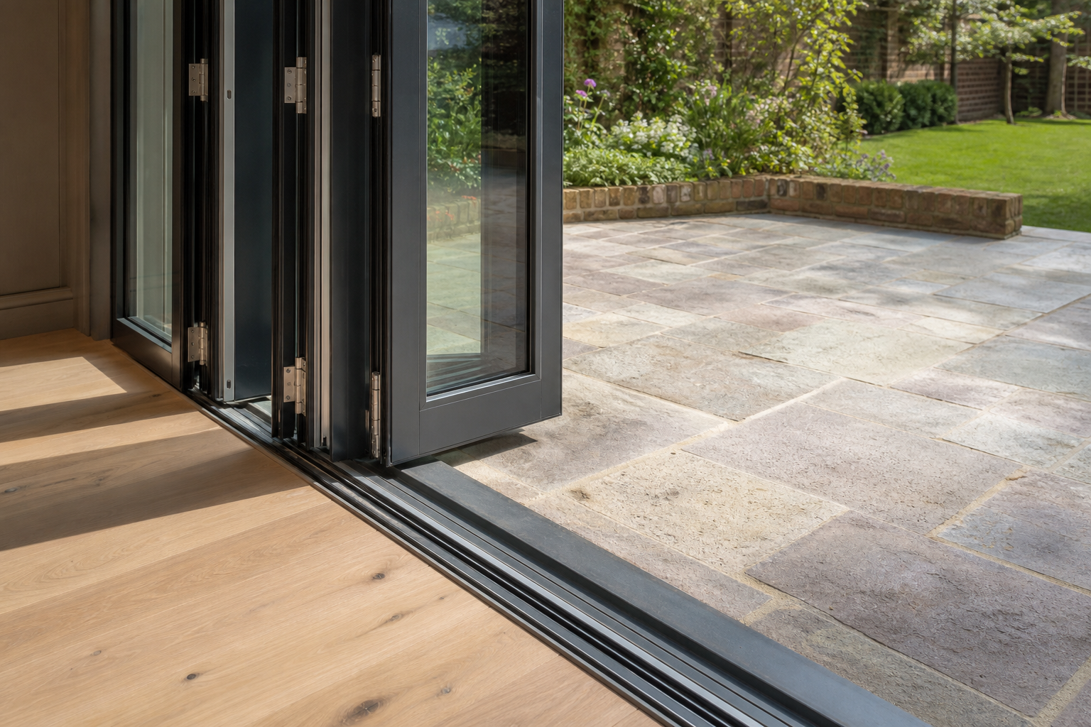 Bi-fold glazing detail with terrace and garden beyond