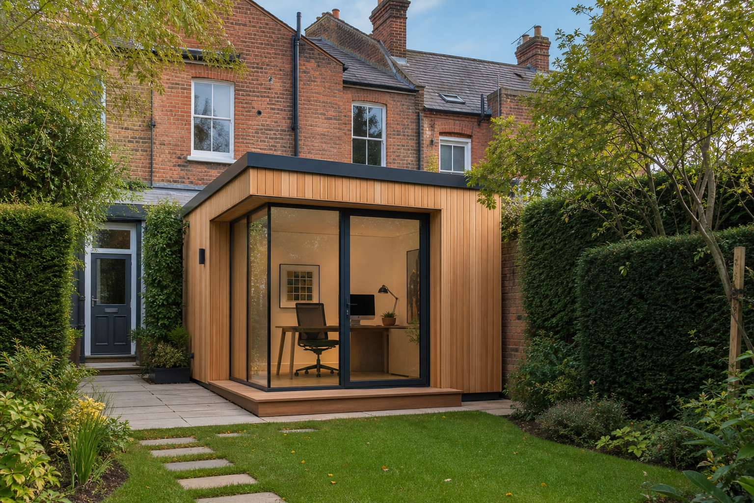 Bespoke garden office with timber cladding and generous glazing in St Albans