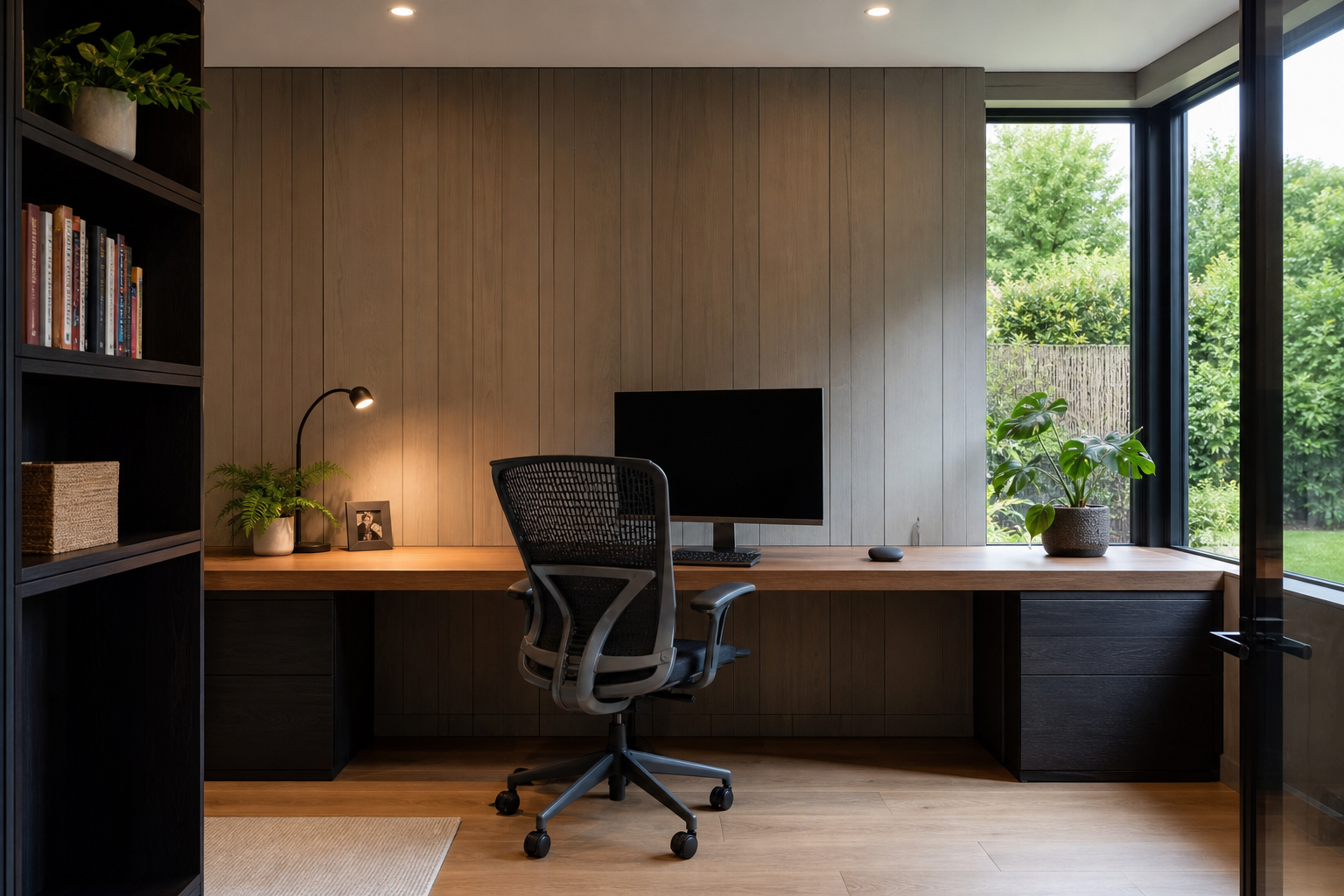 Interior detail of built-in desk with concealed cable management