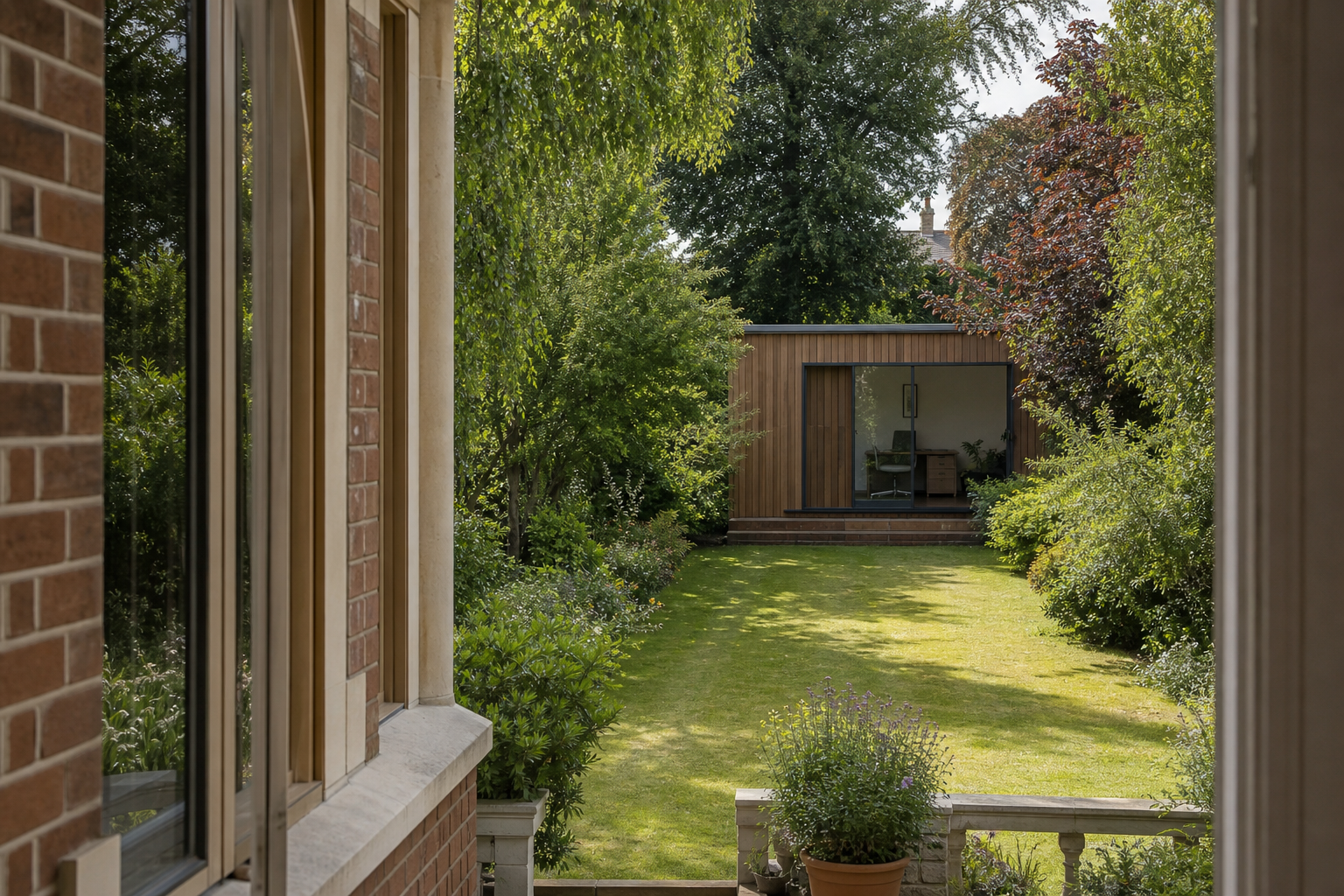 Opposite view of the garden office from the main house