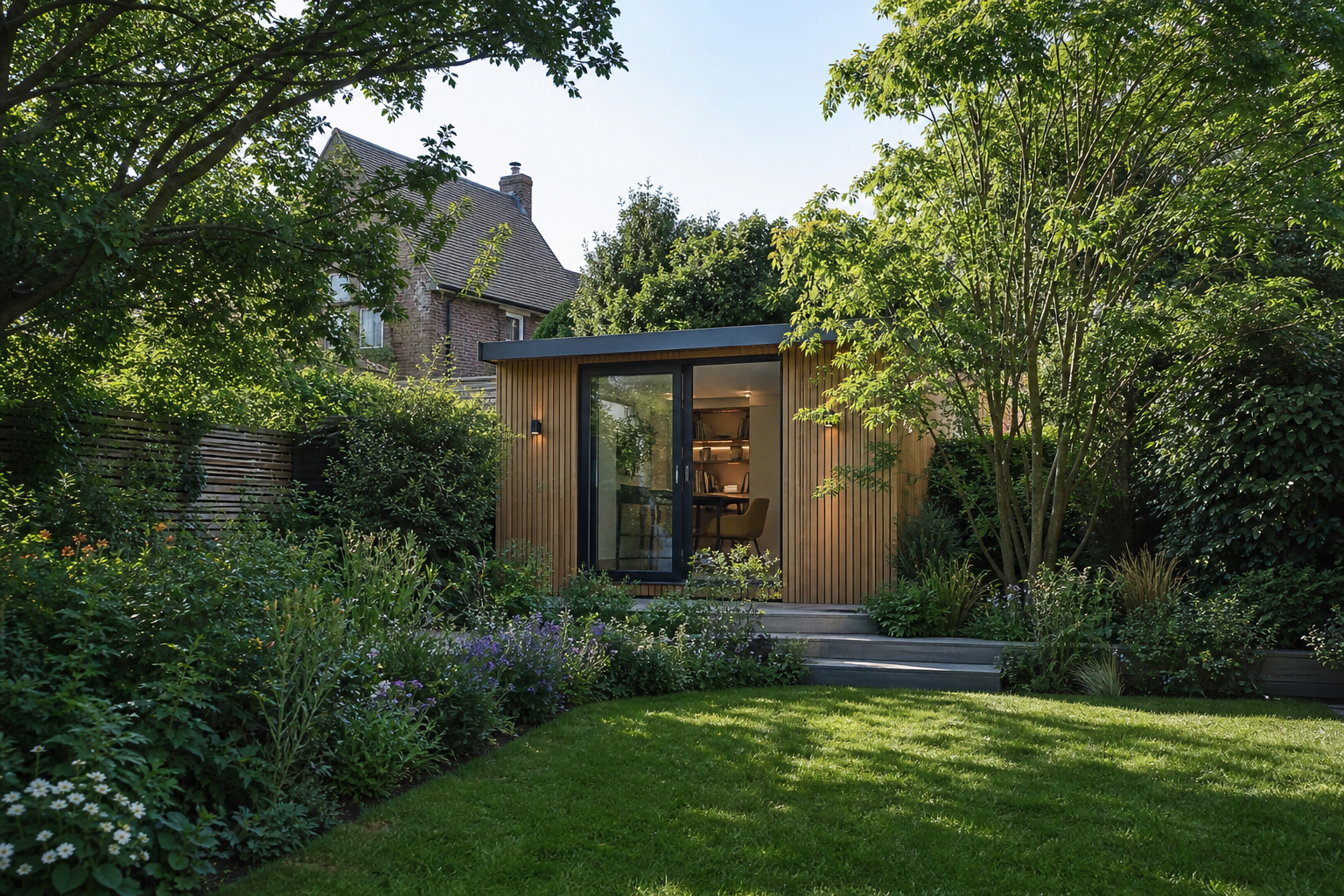 Wide garden view showing the office nestled among planting