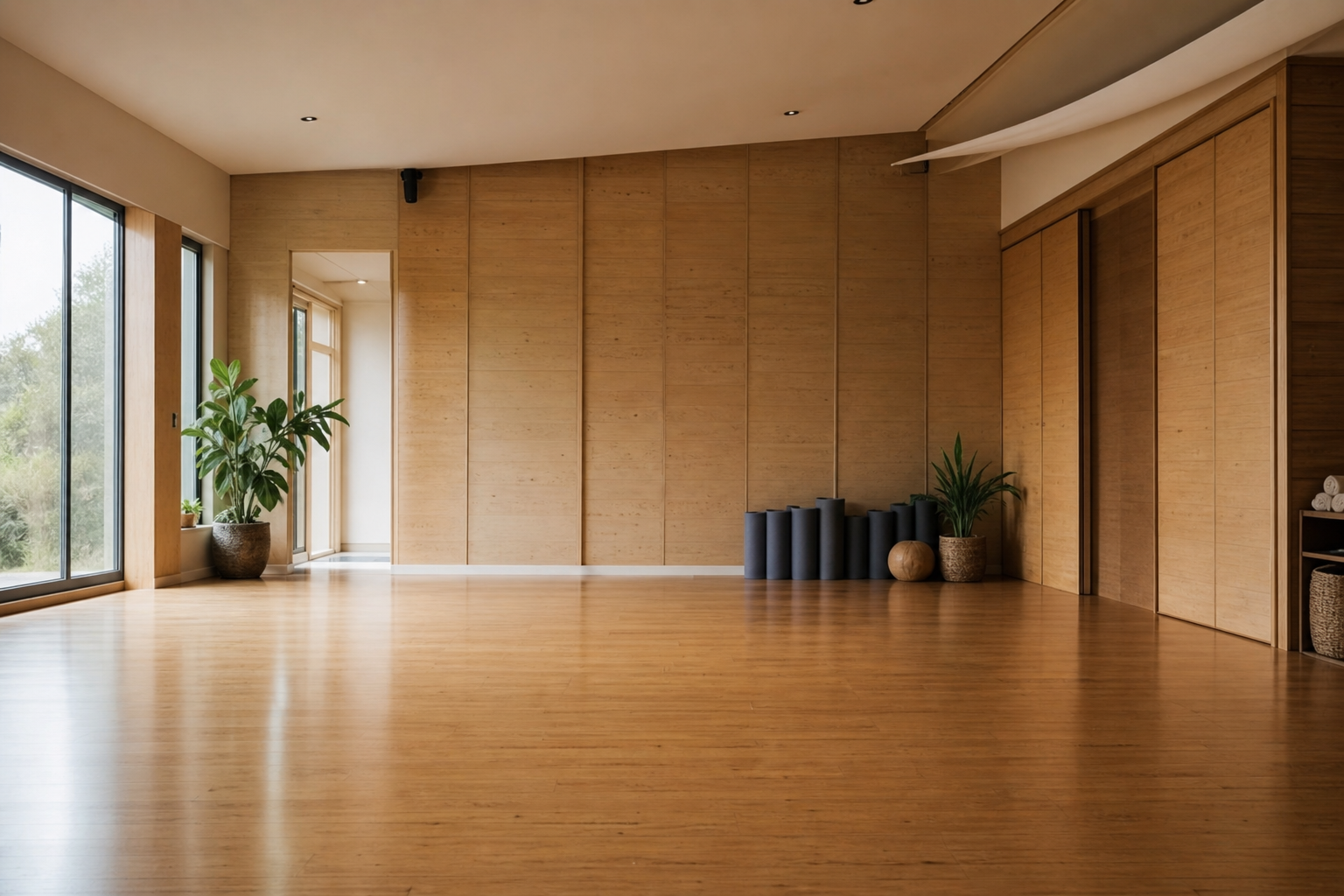 Interior detail of bamboo floor and timber-clad walls