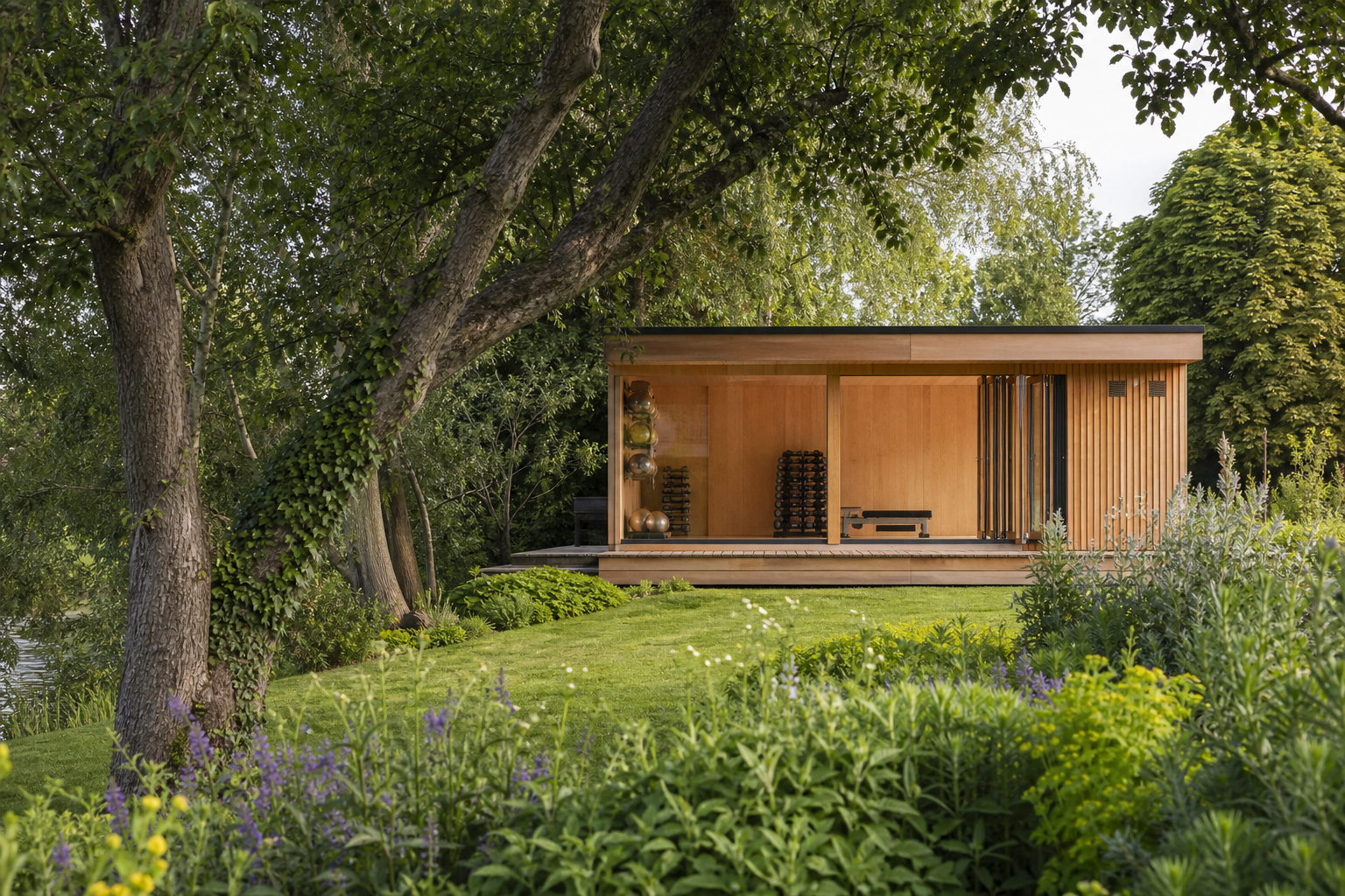 Wide garden view toward the wellness studio among trees