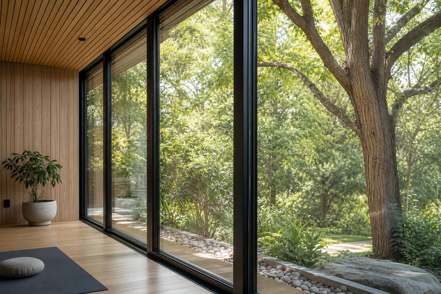 Full-height glazing detail with garden and tree views
