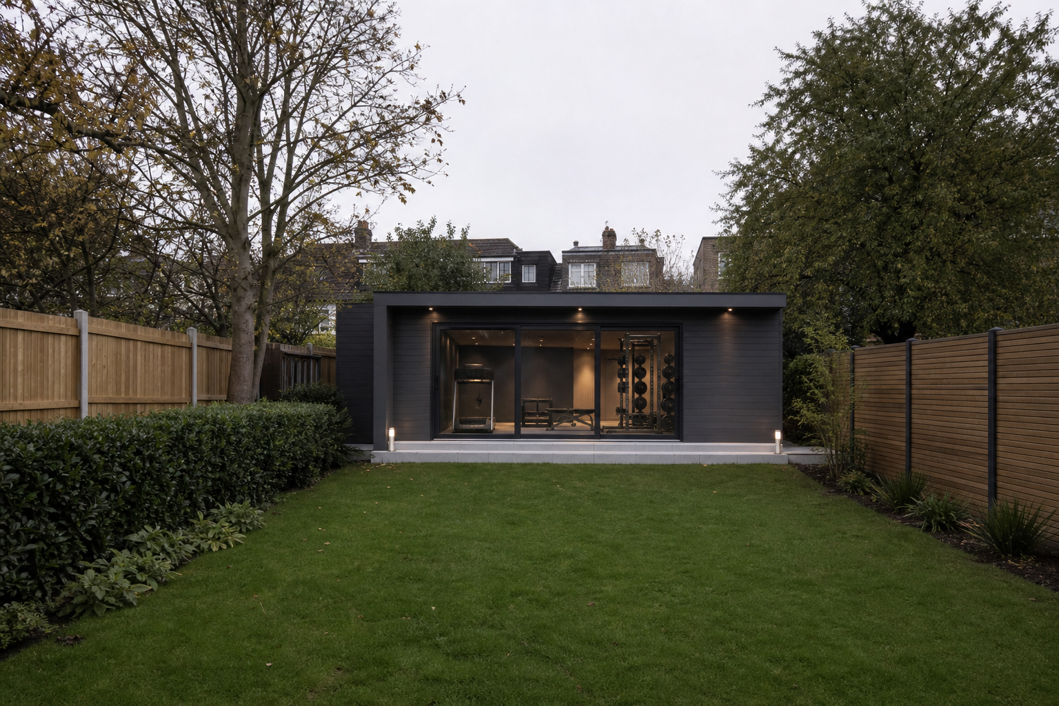 Insulated garden gym building with bi-fold doors in a Watford garden