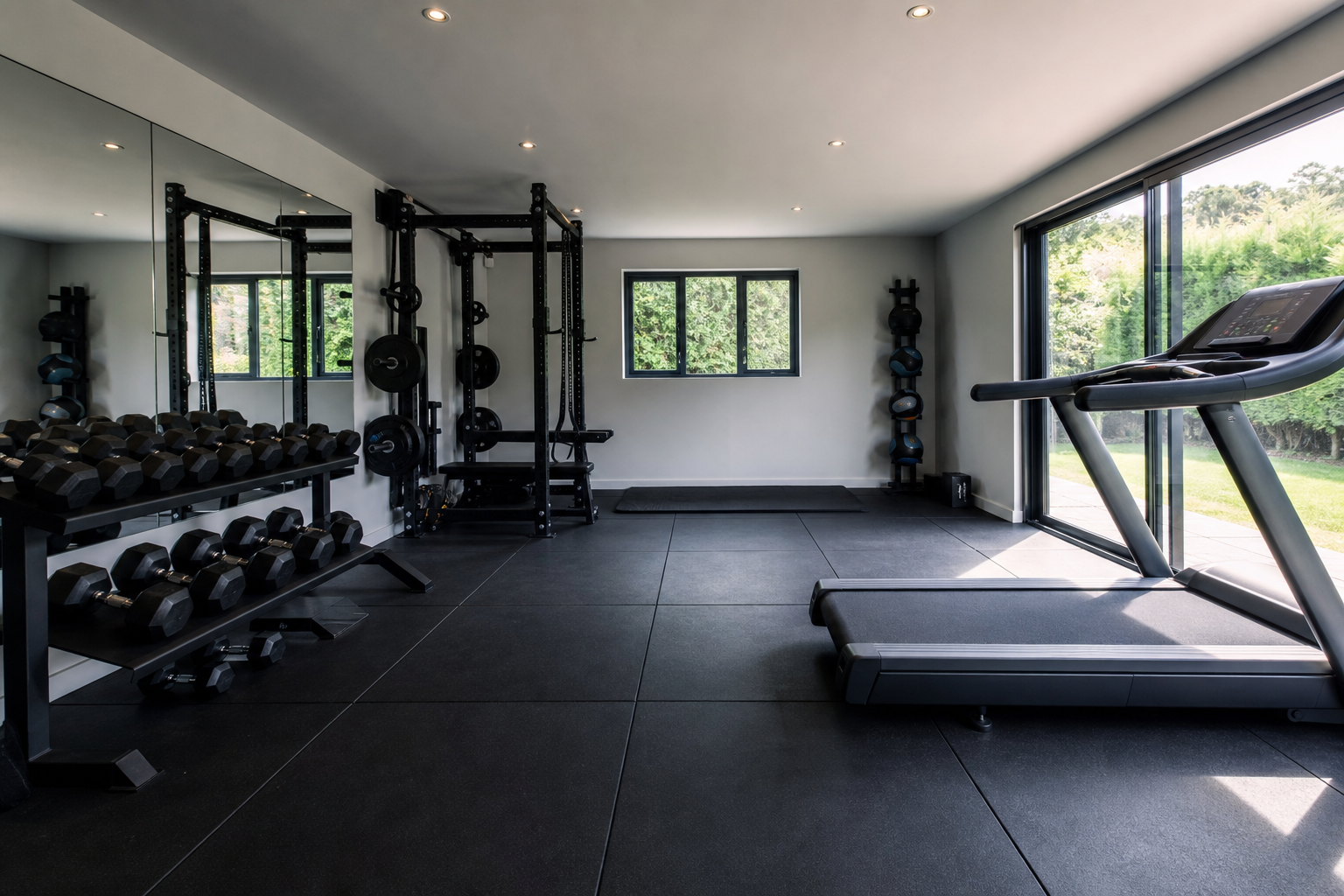 Interior detail of rubberised gym flooring and equipment zone