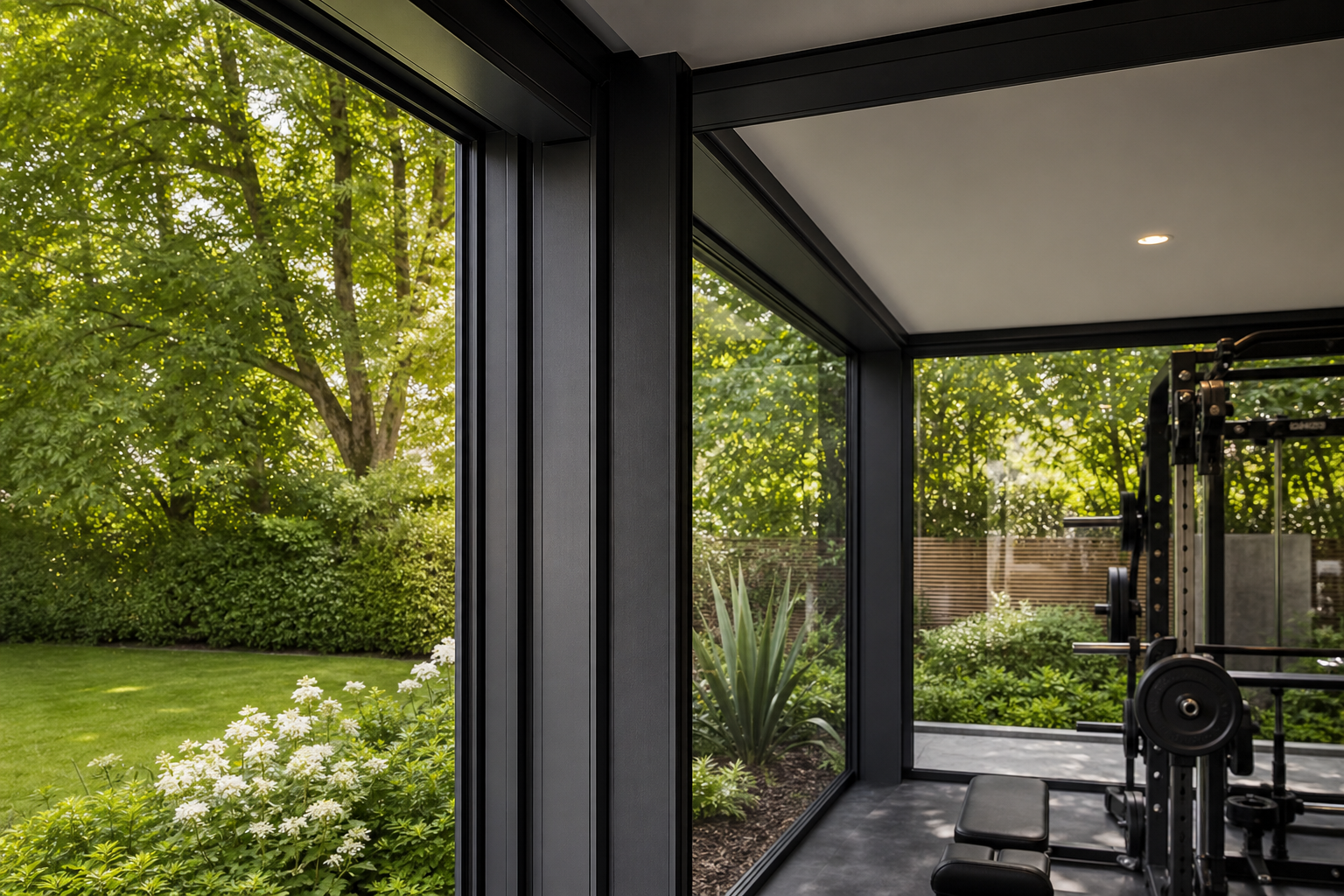 Glazing detail with garden views from the training area